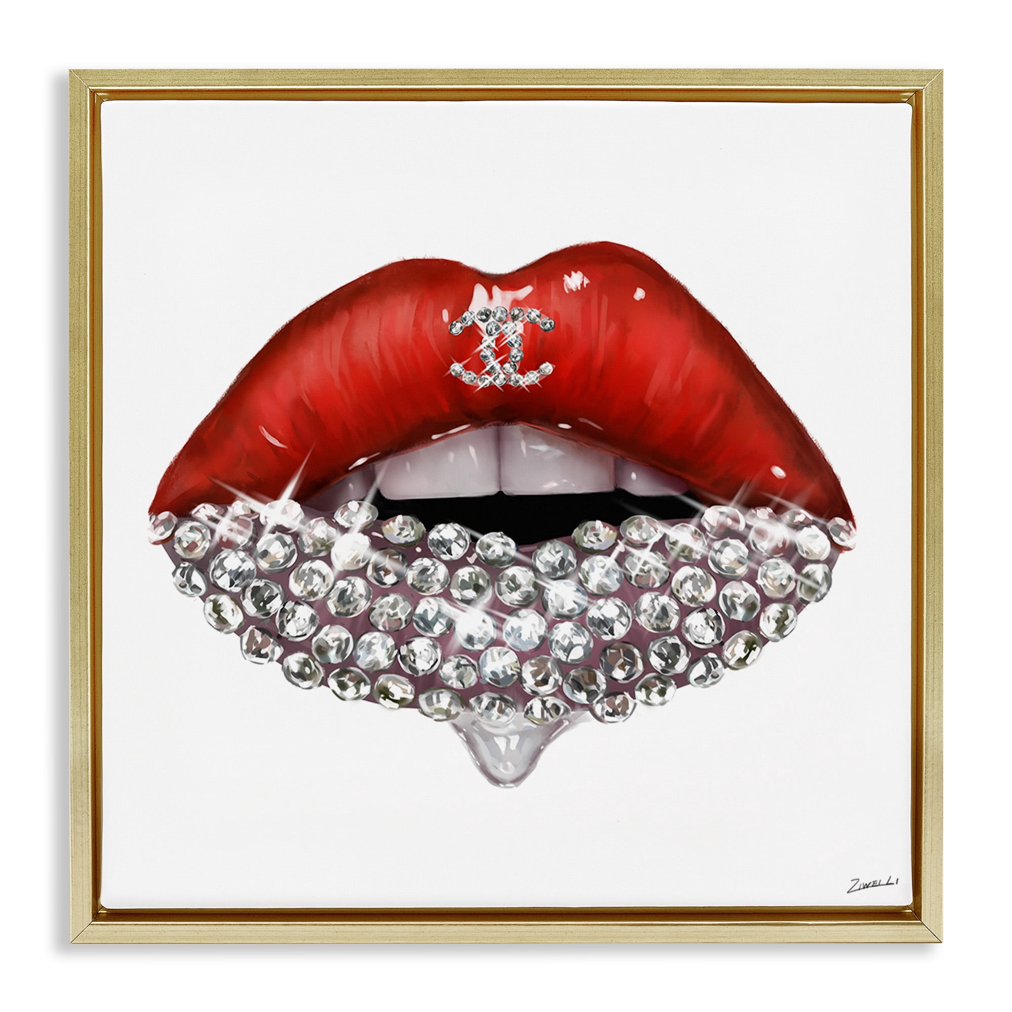 Stupell Industries Chic Red Lip Gemstones Beauty & Fashion Painting Gold Floater Framed Canvas Art Print Wall Art, 25 x 25