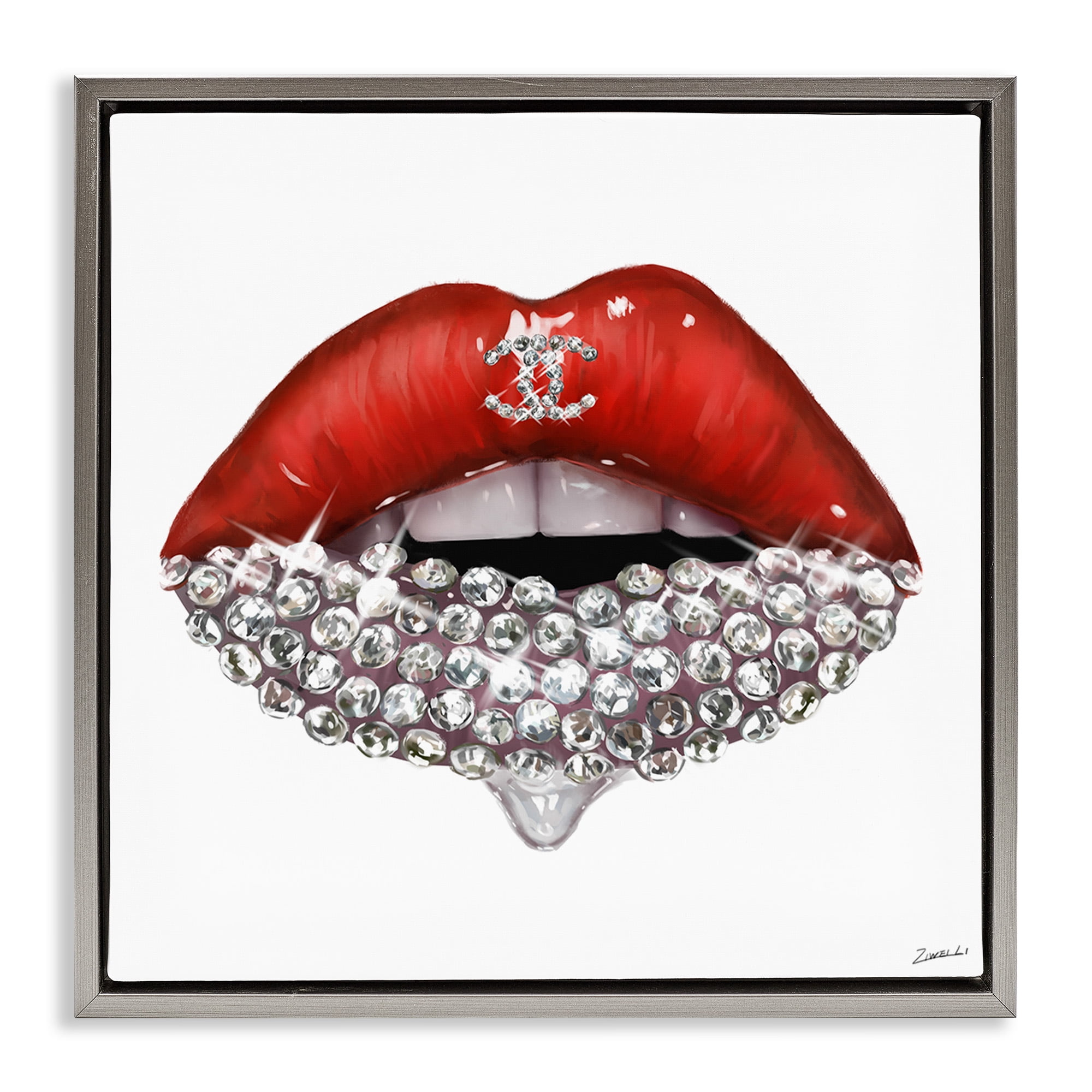 Stupell Industries Chic Red Lip Gemstones Beauty & Fashion Painting Gray Floater Framed Canvas Art Print Wall Art, 25 x 25