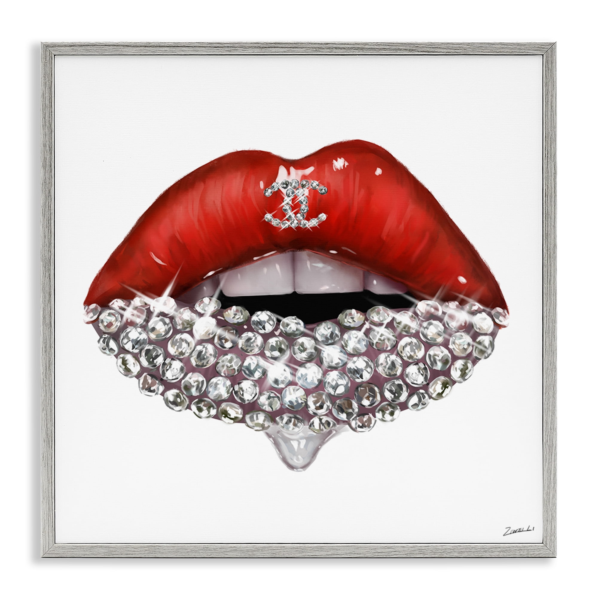 Stupell Industries Chic Red Lip Gemstones Beauty & Fashion Painting Gray Framed Art Print Wall Art, 24 x 24