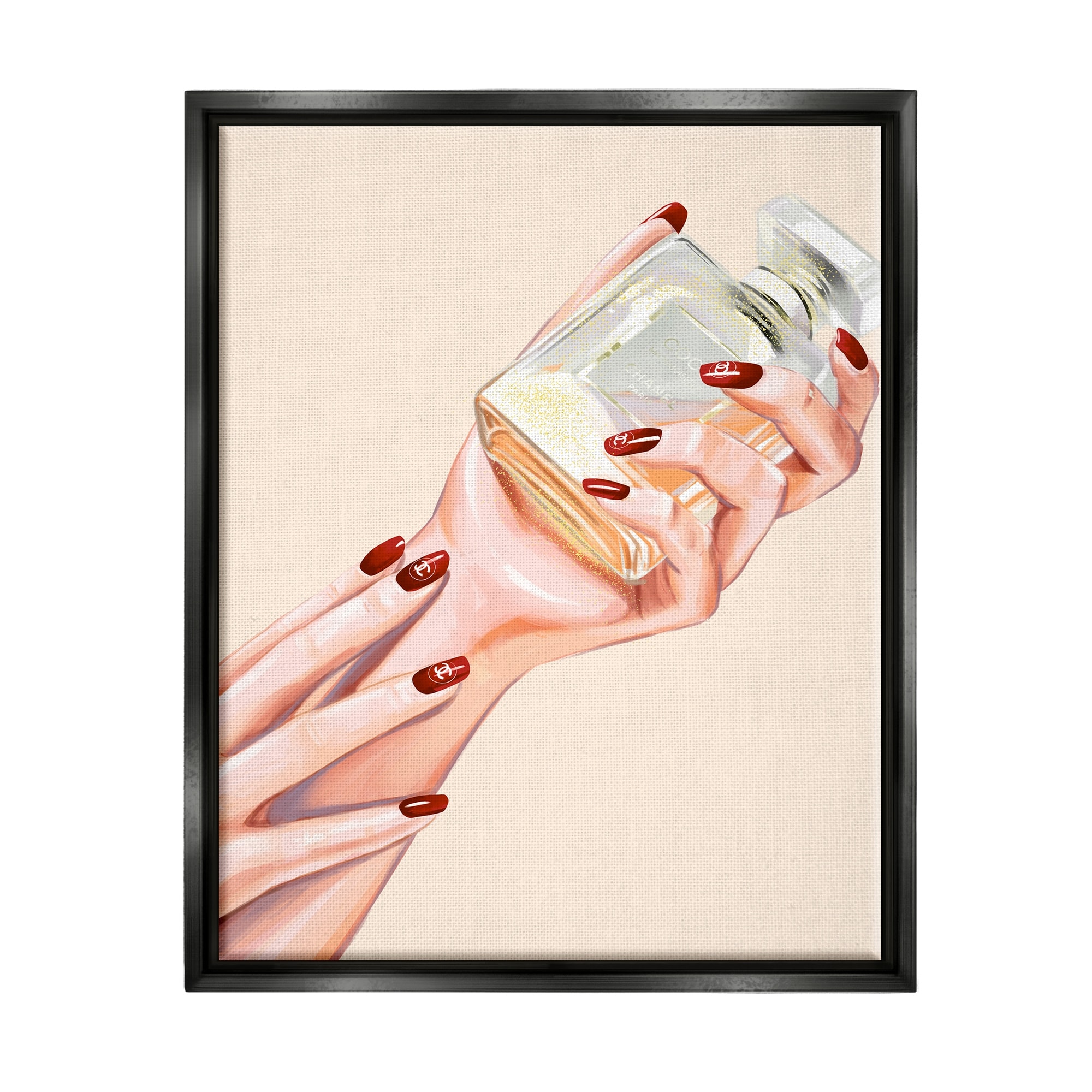 Stupell Industries Chic Red Nail Polish Holding Perfume Bottle Jet Black Framed Floating Canvas Wall Art, 16x20, by Ziwei Li