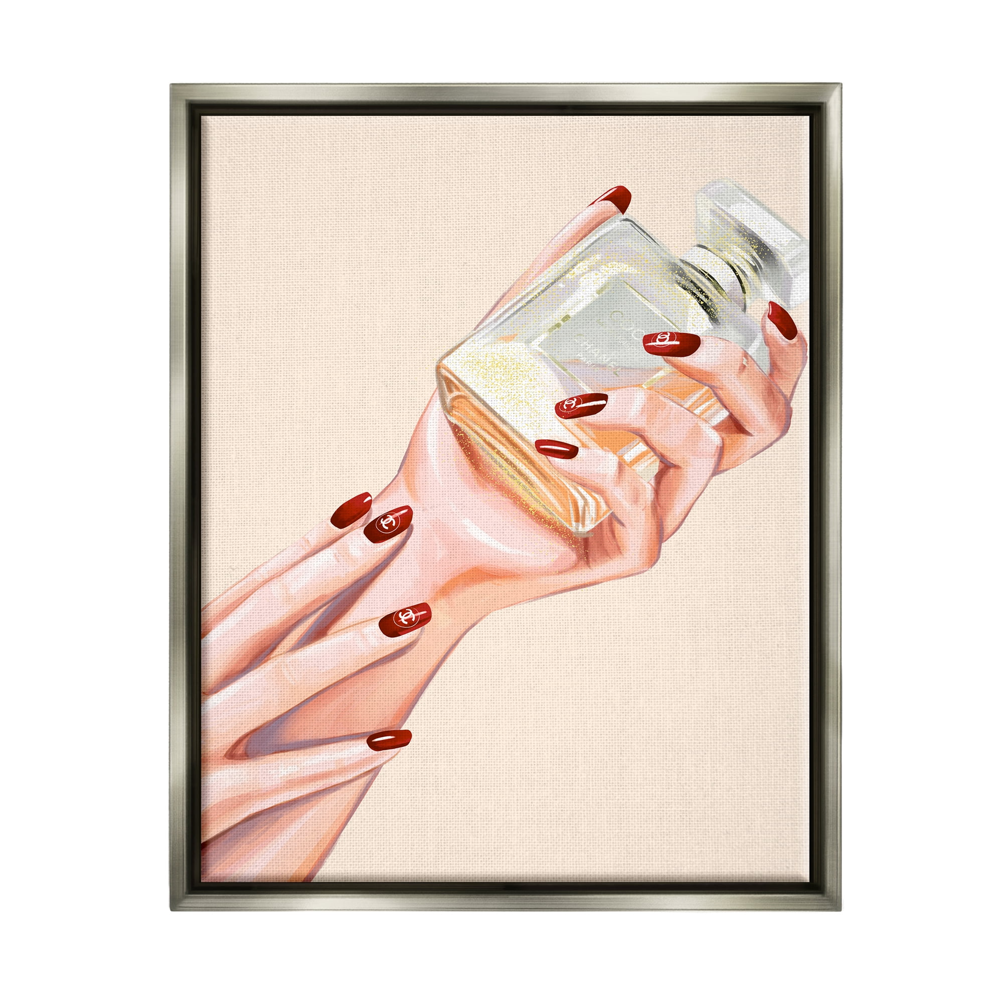 Stupell Industries Chic Red Nail Polish Holding Perfume Bottle Luster Gray Framed Floating Canvas Wall Art, 24x30, by Ziwei Li