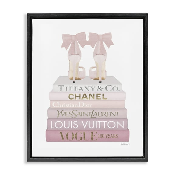 Stupell Industries Chic Shoes Glam Bookstack Beauty & Fashion Painting Black Floater Framed Canvas Art Print Wall Art, 17 x 21