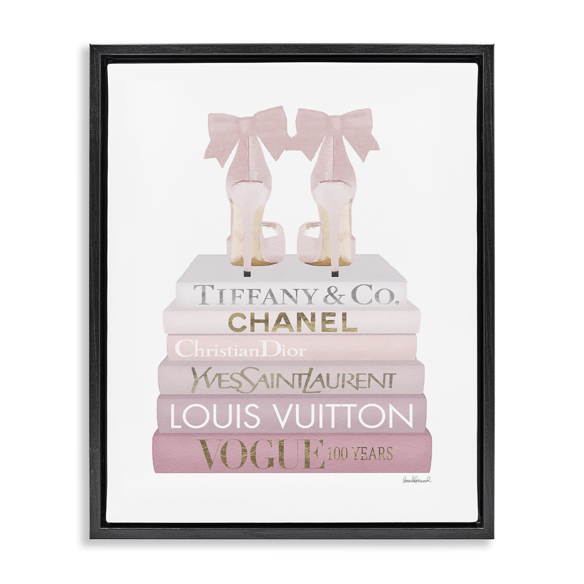 Stupell Industries Chic Shoes Glam Bookstack Beauty & Fashion Painting Black Floater Framed Canvas Art Print Wall Art, 25 x 31