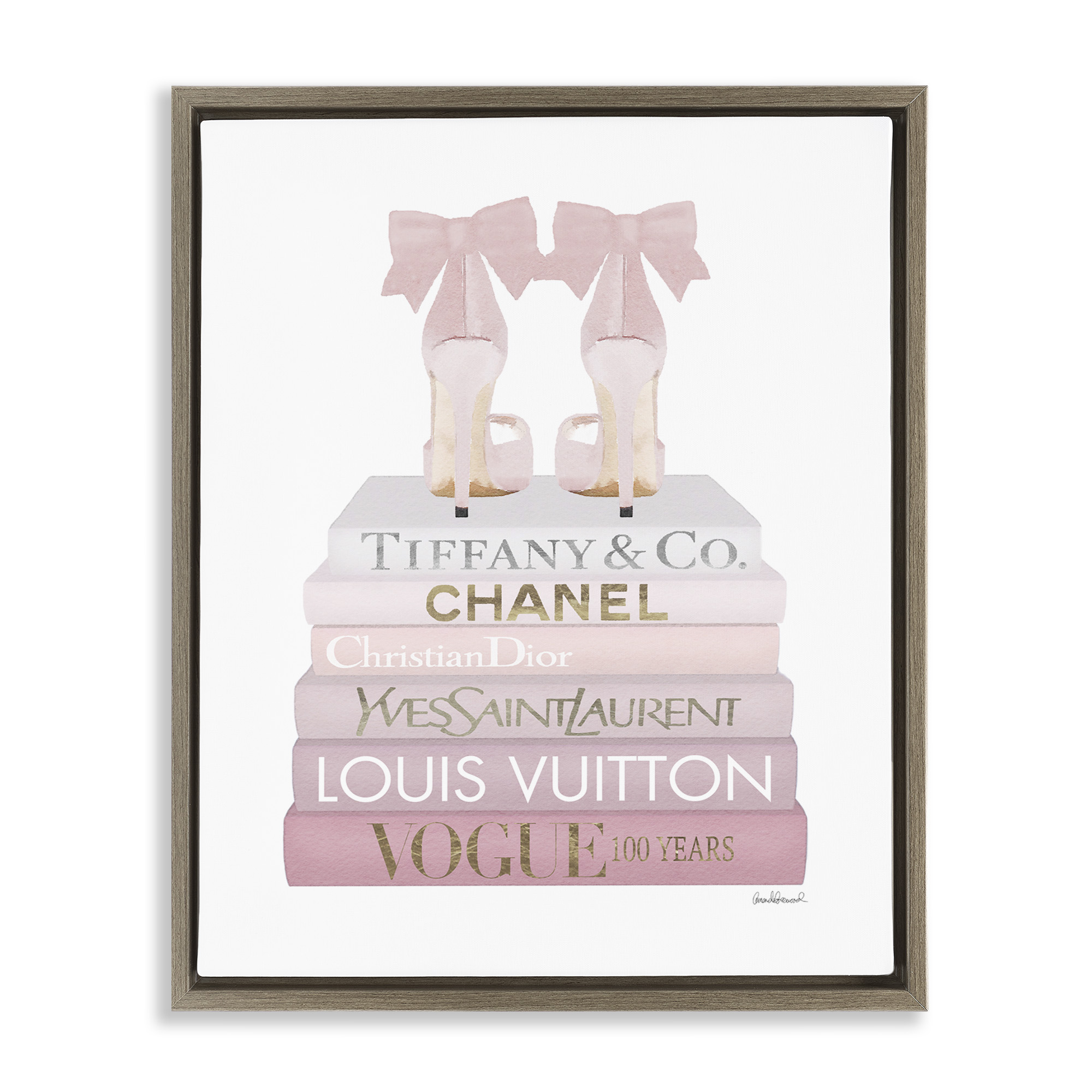 Stupell Industries Chic Shoes Glam Bookstack Beauty & Fashion Painting Brown Floater Framed Canvas Art Print Wall Art, 25 x 31