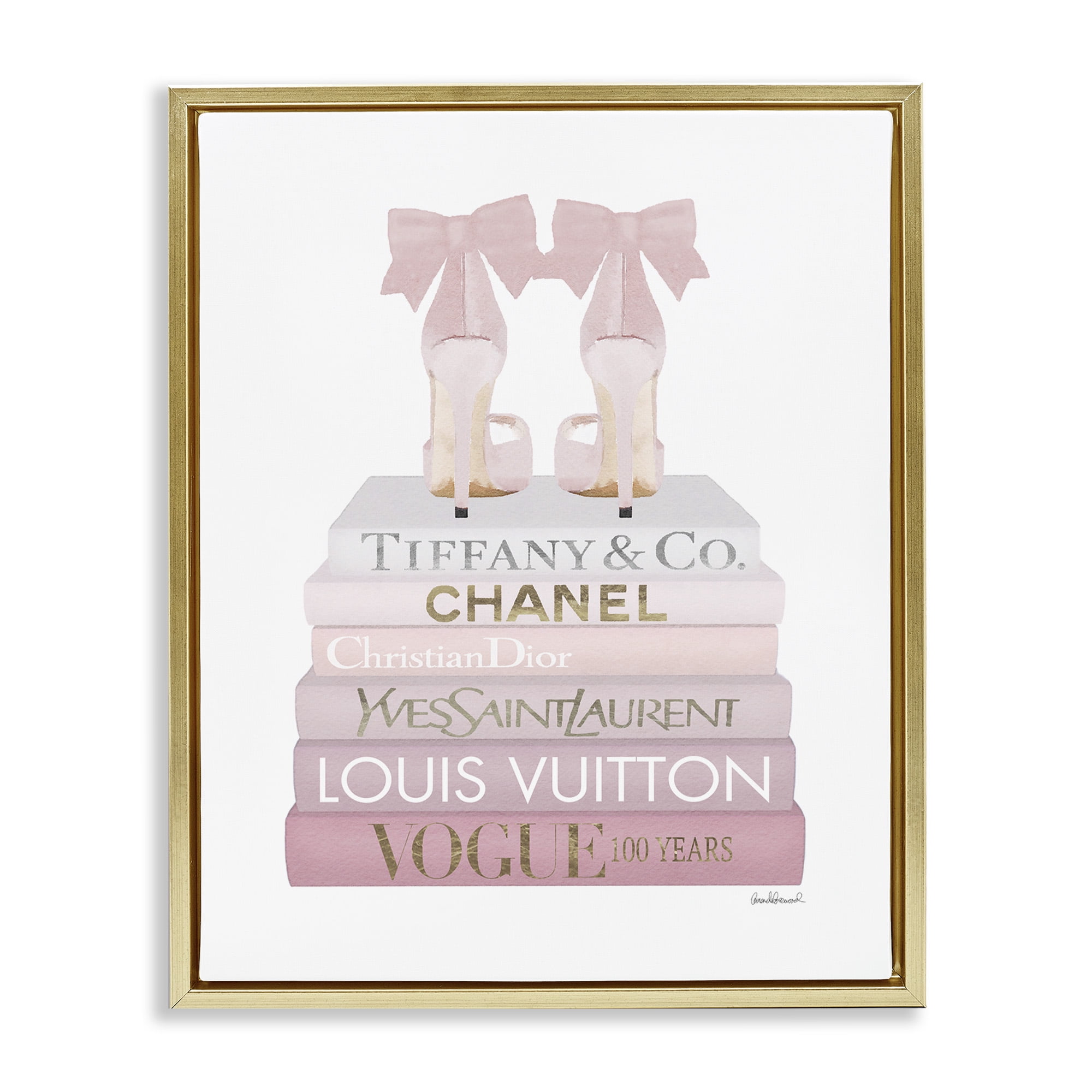 Stupell Industries Chic Shoes Glam Bookstack Beauty & Fashion Painting Gold Floater Framed Canvas Art Print Wall Art, 17 x 21
