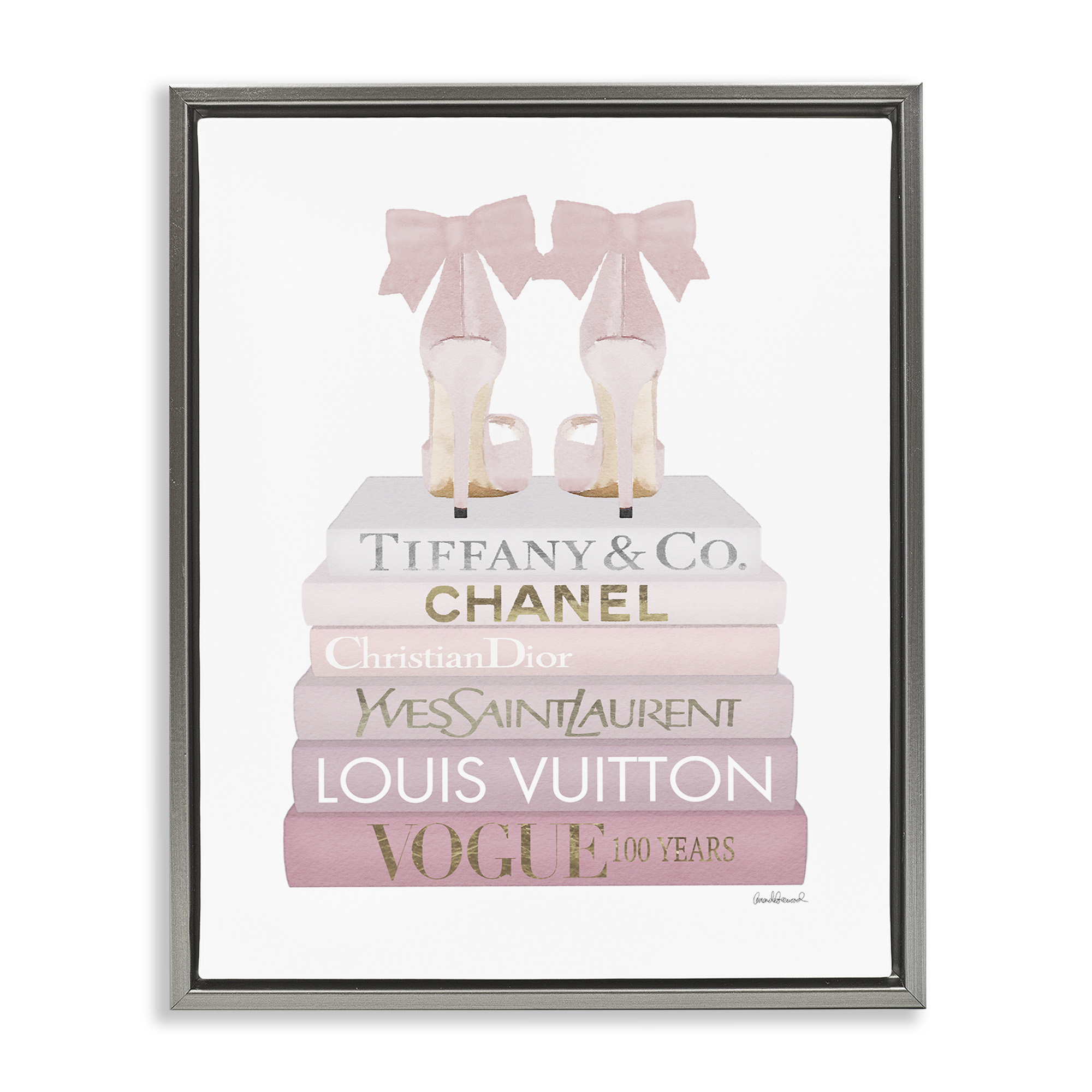 Stupell Industries Chic Shoes Glam Bookstack Beauty & Fashion Painting Gray Floater Framed Canvas Art Print Wall Art, 17 x 21