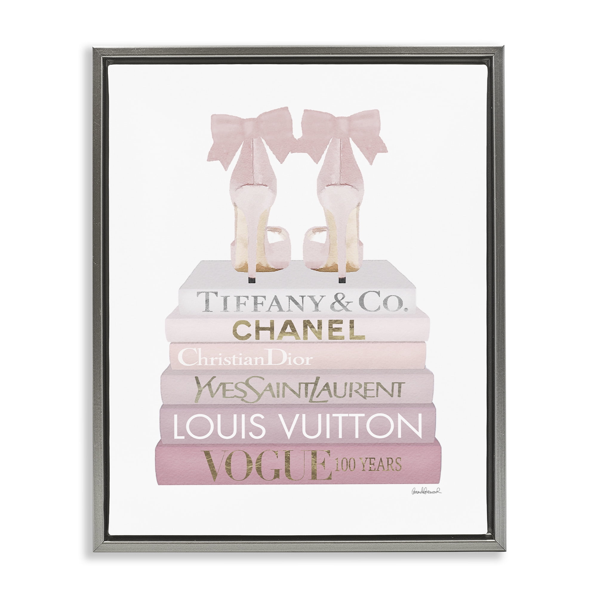 Stupell Industries Chic Shoes Glam Bookstack Beauty & Fashion Painting Gray Floater Framed Canvas Art Print Wall Art, 25 x 31