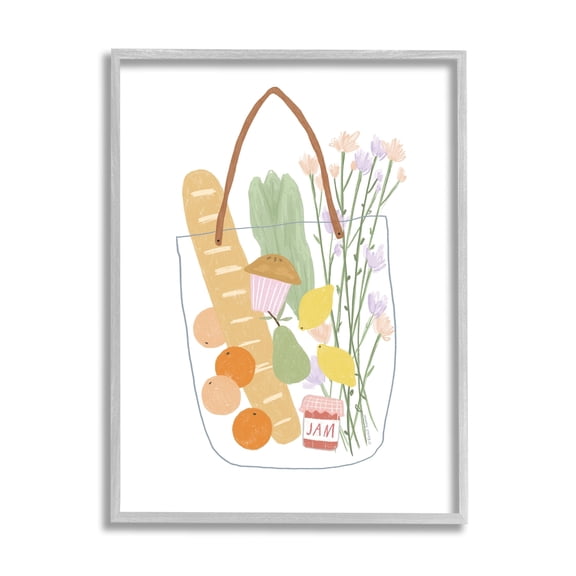 Stupell Industries Chic Shopping Bag Illustration Spring Market Grocery Graphic Art Gray Framed Art Print Wall Art, 24x30, by Rachel Nieman