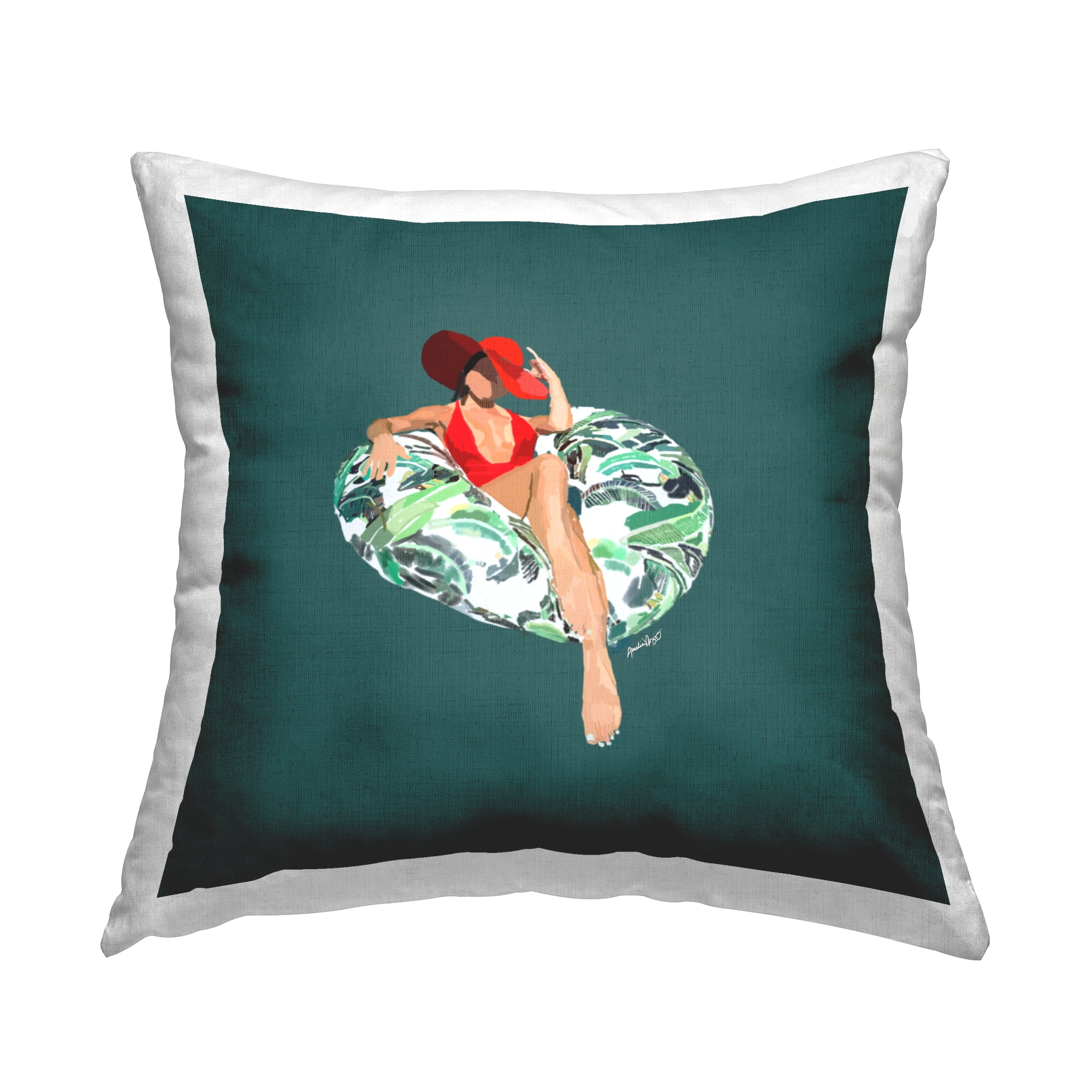 Stupell Industries Chic Stylish Woman Pool Float Square Decorative Printed Throw Pillow, 18 x 18,