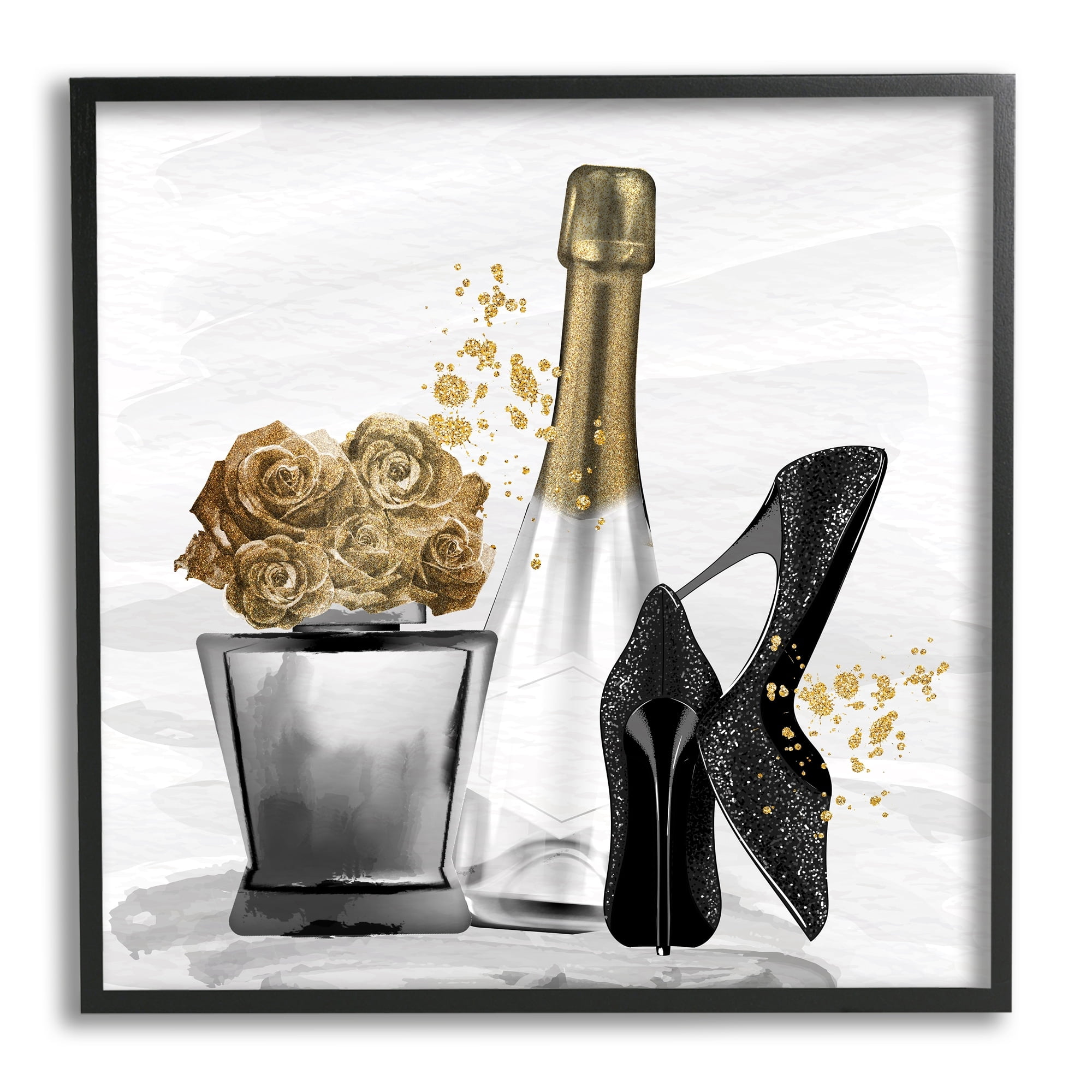 Stupell Industries Chic Upscale Fashion Heels Floral Champagne Bottle Graphic Art Black Framed Art Print Wall Art, Design by Kim Allen