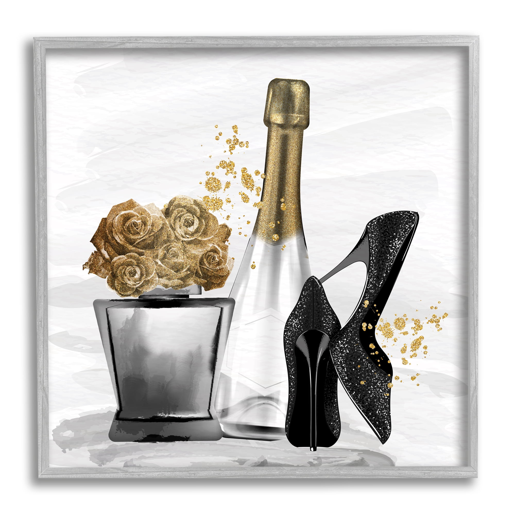 Stupell Industries Chic Upscale Fashion Heels Floral Champagne Bottle Graphic Art Gray Framed Art Print Wall Art, Design by Kim Allen