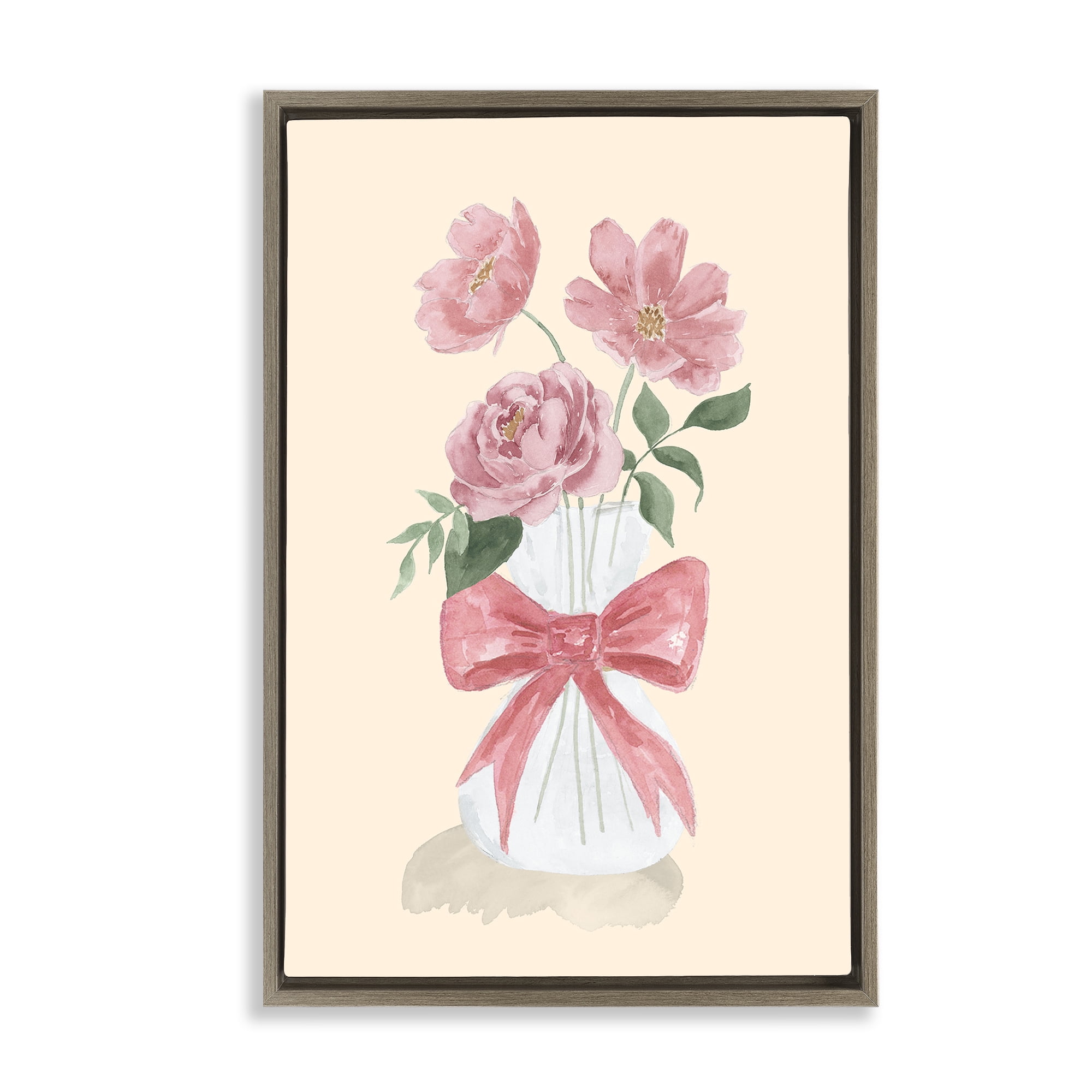 Stupell Industries Chic Vase Of Pink Plants & Flowers Painting Brown Floater Framed Canvas Art Print Wall Art, 17 x 25