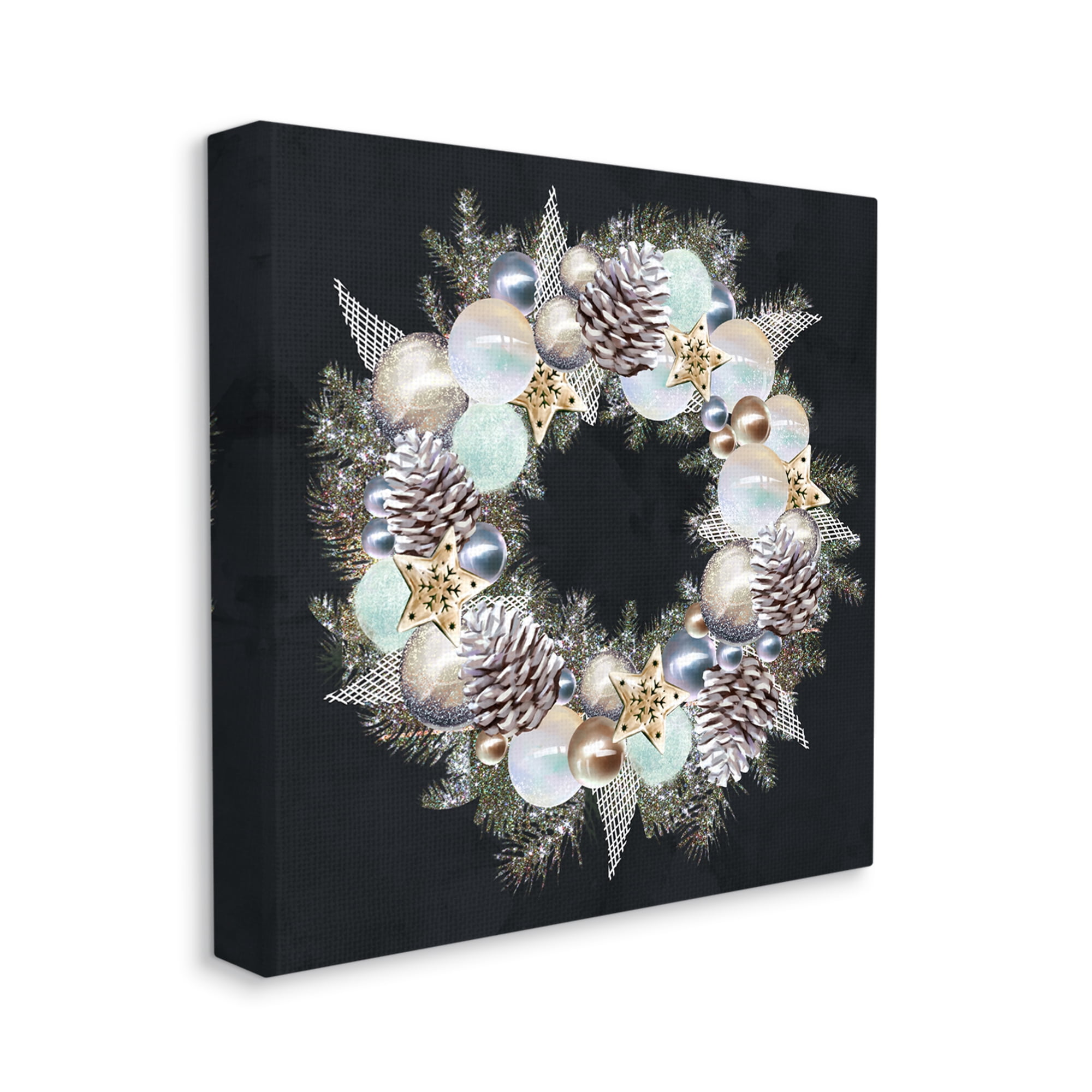 Stupell Industries Chic Winter Ornament Wreath Pinecone Glitz Holiday Painting Gallery Wrapped Canvas Print Wall Art, 24 x 24