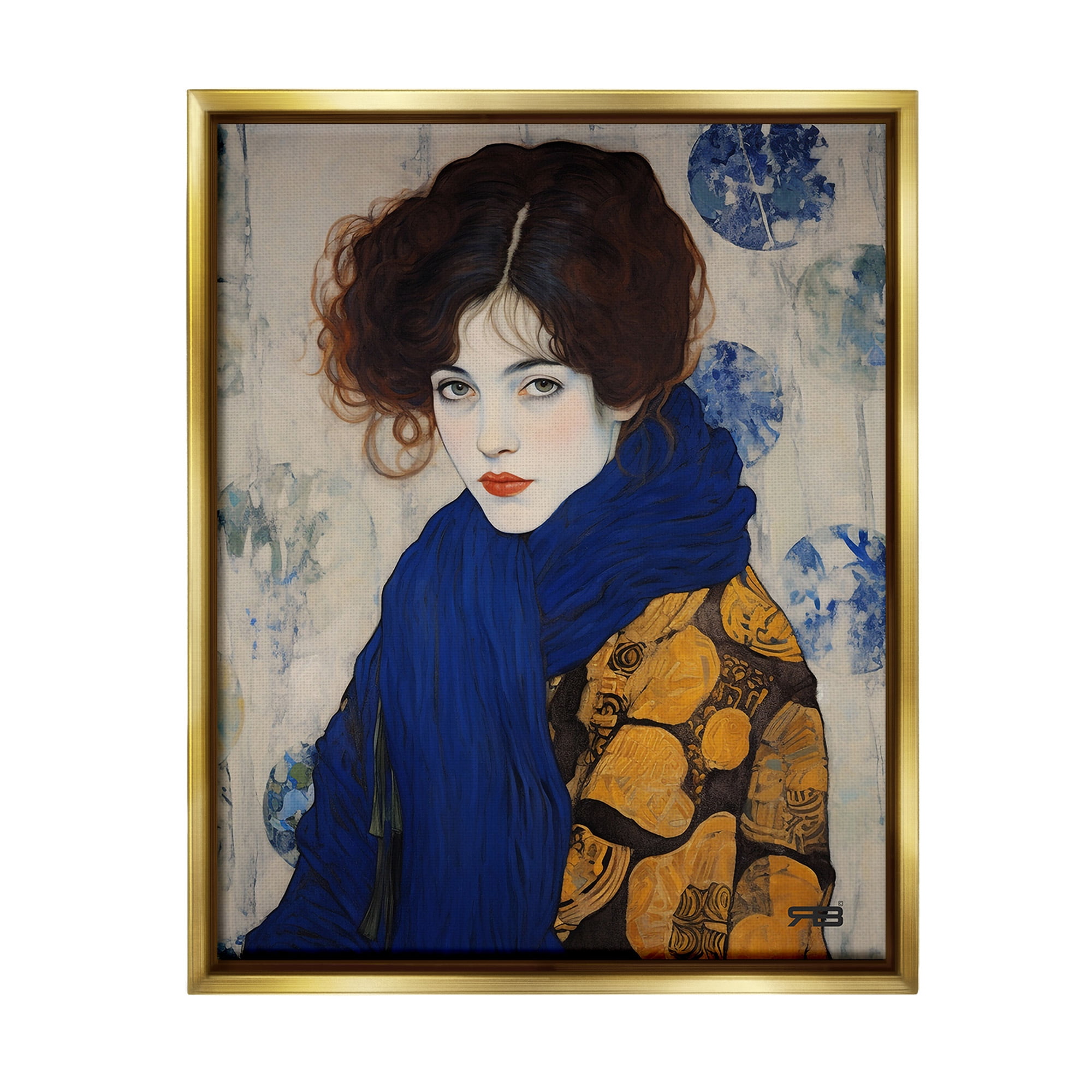 Stupell Industries Chic Woman Blue Scarf Beauty & Fashion Painting Gold Floater Framed Canvas Art Print Wall Art, 17 x 21