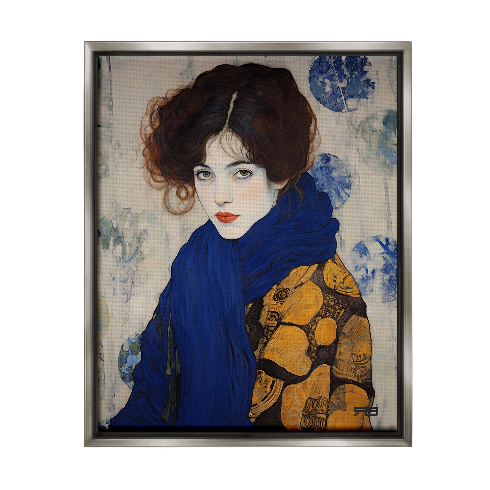 Stupell Industries Chic Woman Blue Scarf Beauty & Fashion Painting Gray Floater Framed Canvas Art Print Wall Art, 25 x 31