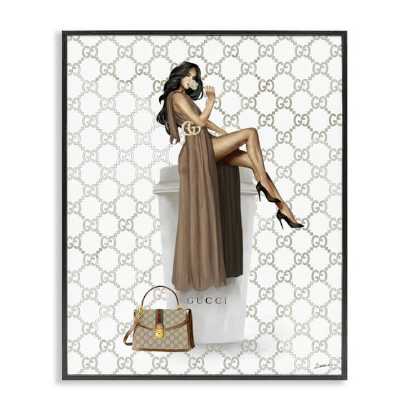 Stupell Industries Chic Woman & Coffee Beauty & Fashion Painting Black Framed Art Print Wall Art, 11 x 14