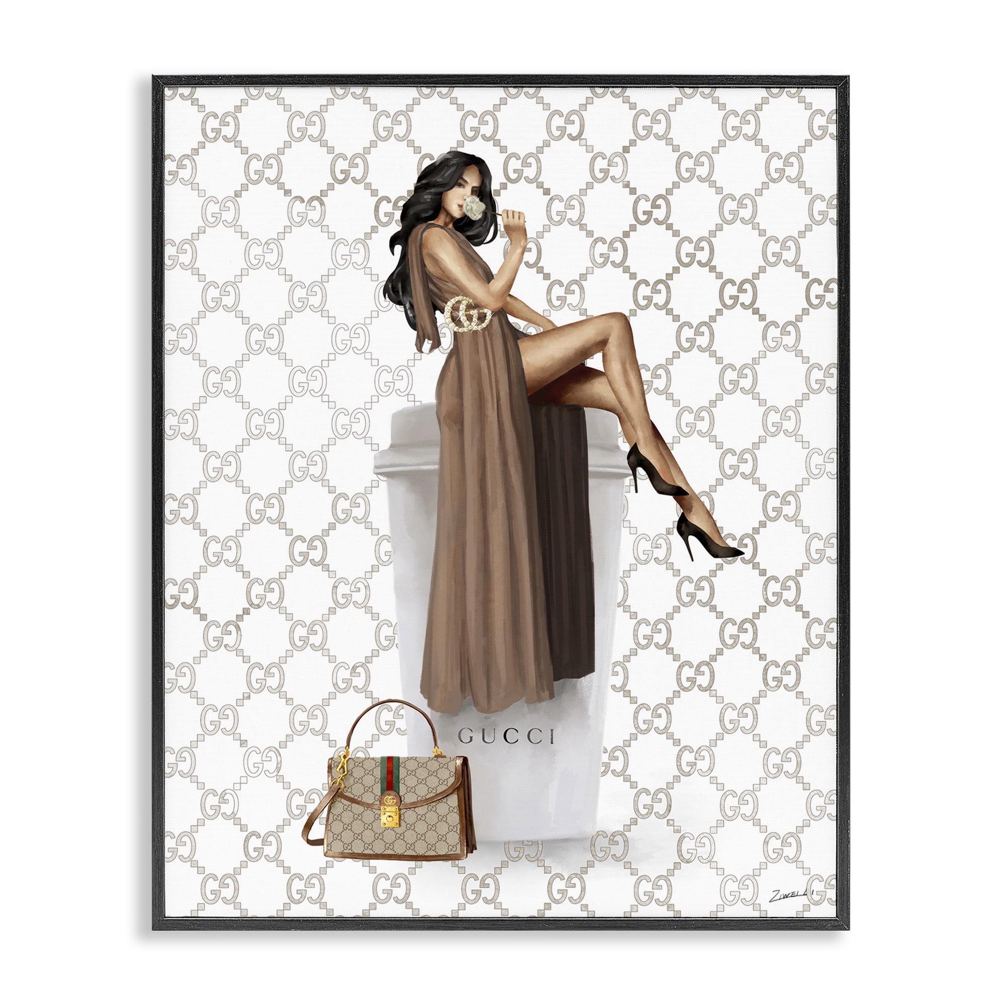 Stupell Industries Chic Woman & Coffee Beauty & Fashion Painting Black Framed Art Print Wall Art, 24 x 30