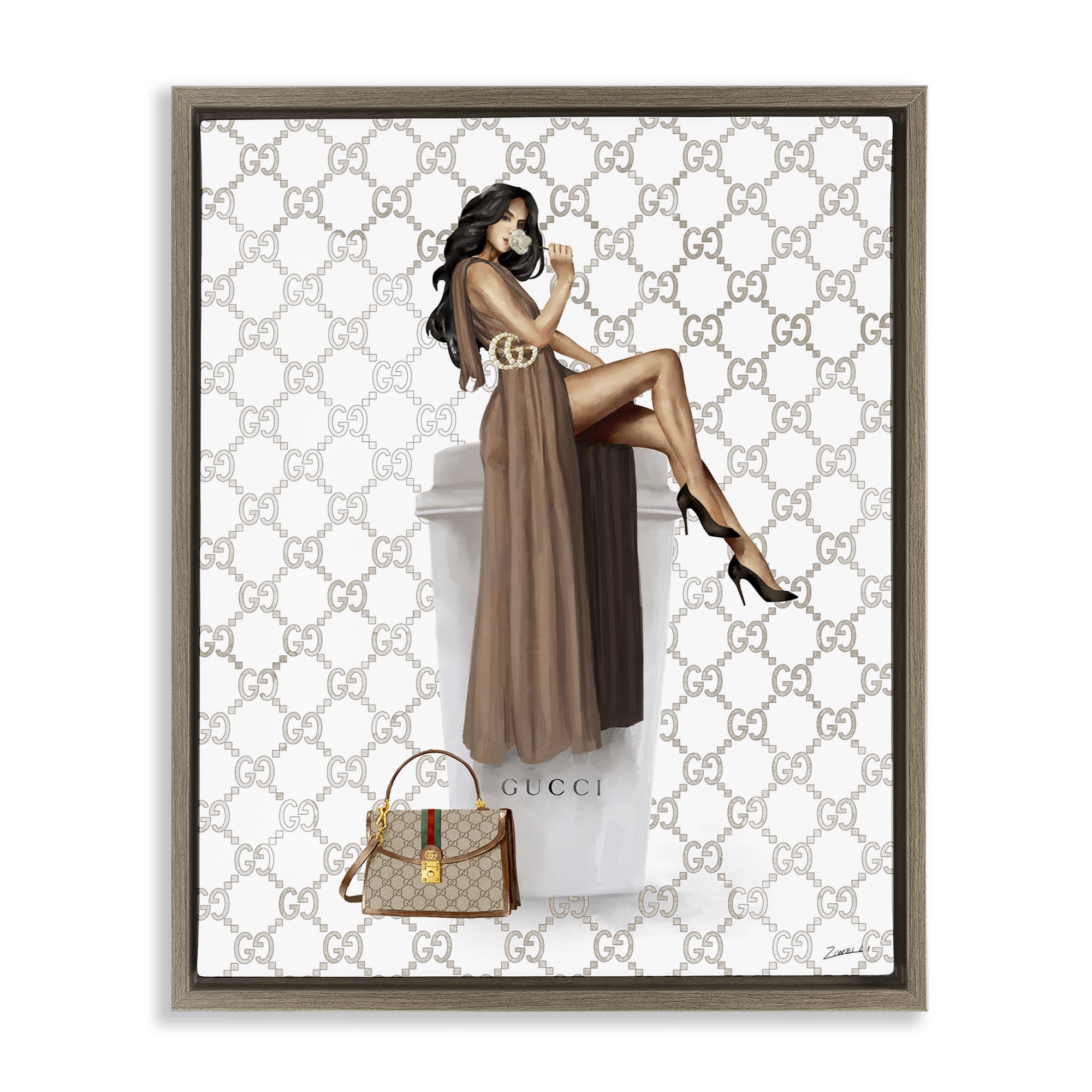 Stupell Industries Chic Woman & Coffee Beauty & Fashion Painting Brown Floater Framed Art Print Wall Art, 25 x 31