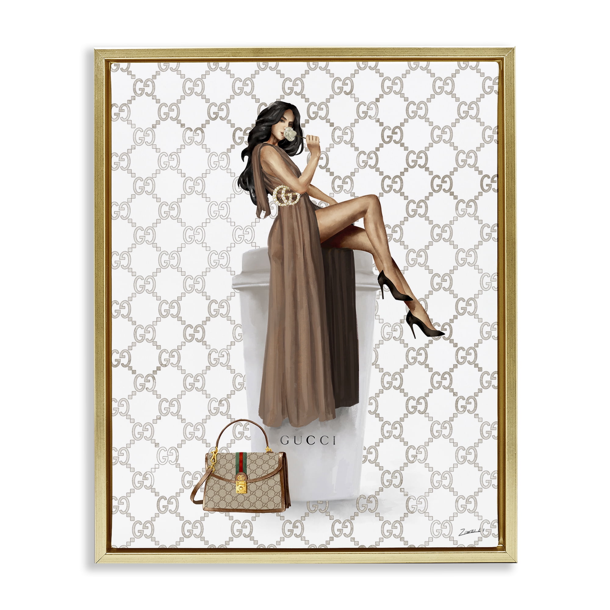 Stupell Industries Chic Woman & Coffee Beauty & Fashion Painting Gold Floater Framed Art Print Wall Art, 17 x 21