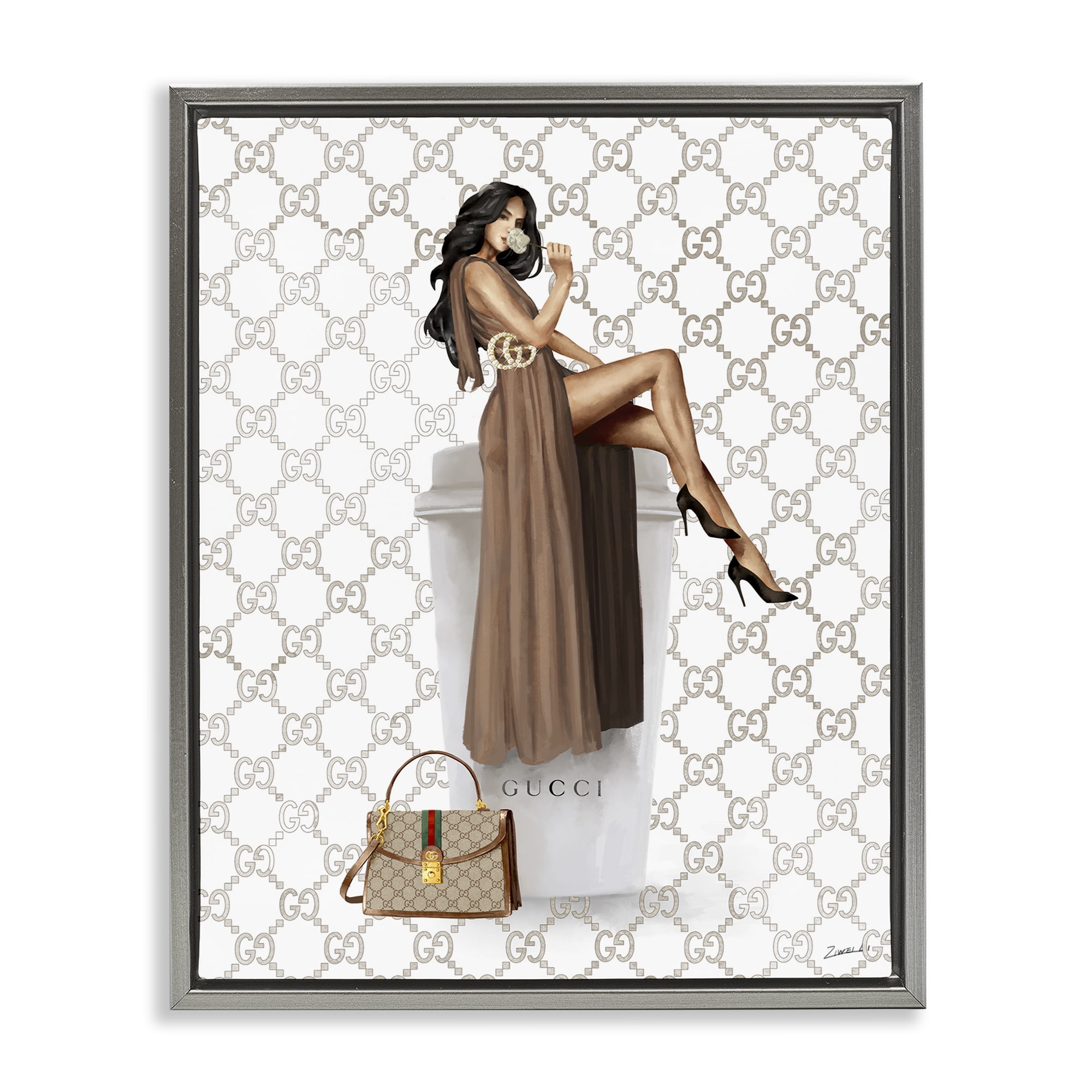Stupell Industries Chic Woman & Coffee Beauty & Fashion Painting Gray Floater Framed Art Print Wall Art, 25 x 31