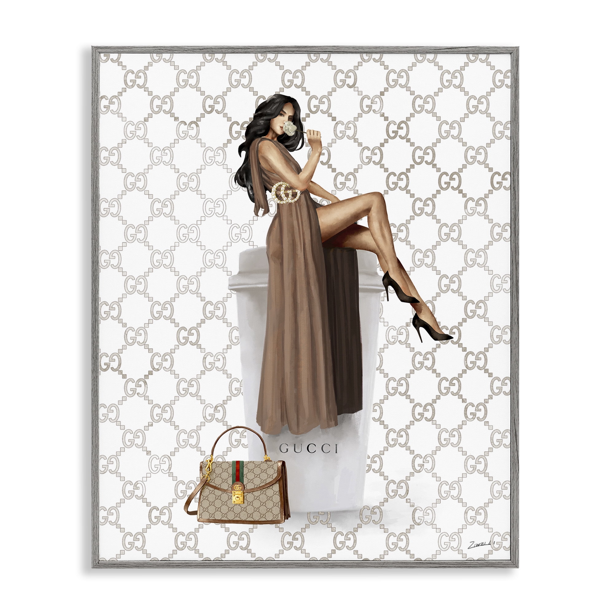 Stupell Industries Chic Woman & Coffee Beauty & Fashion Painting Gray Framed Art Print Wall Art, 24 x 30