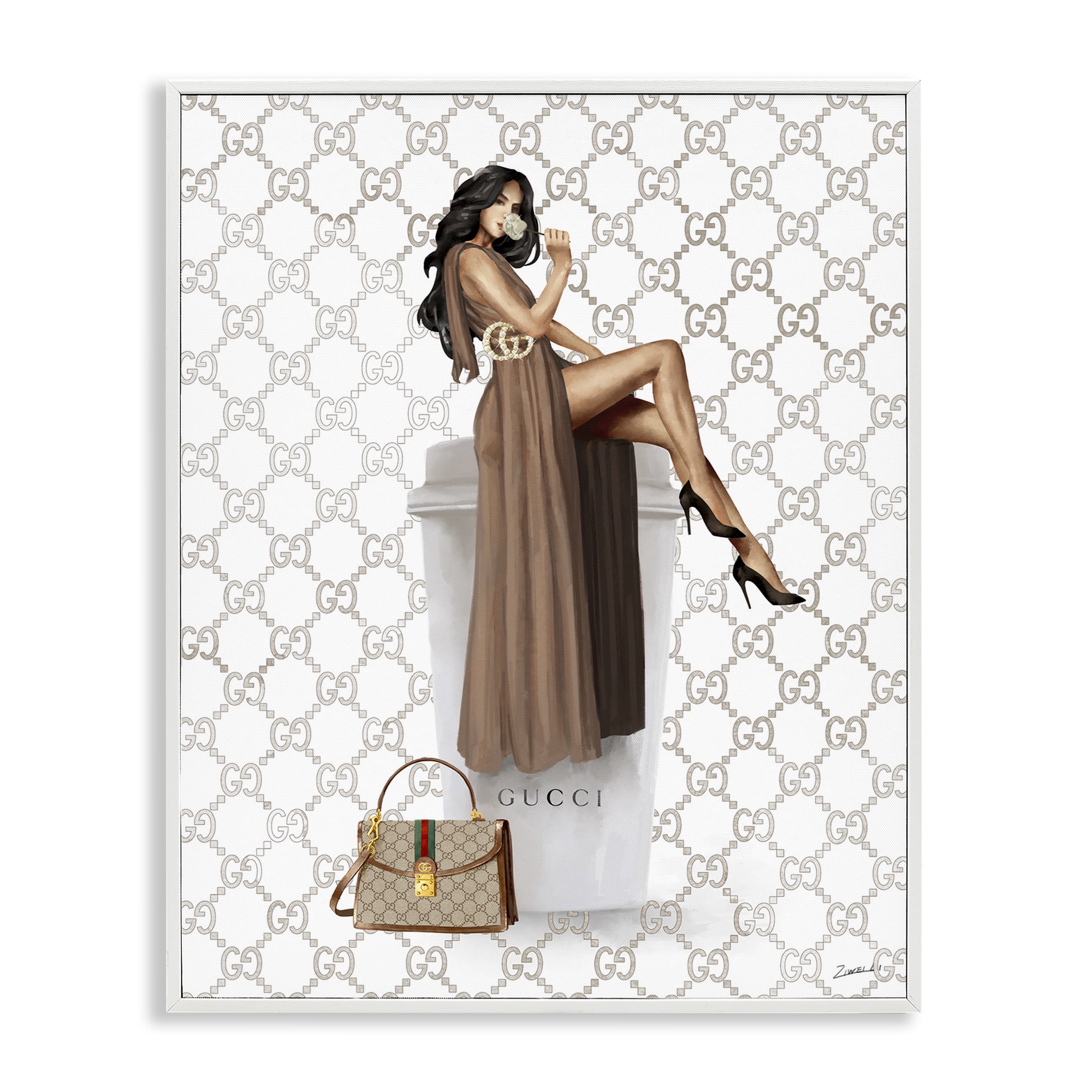 Stupell Industries Chic Woman & Coffee Beauty & Fashion Painting White Framed Art Print Wall Art, 16 x 20