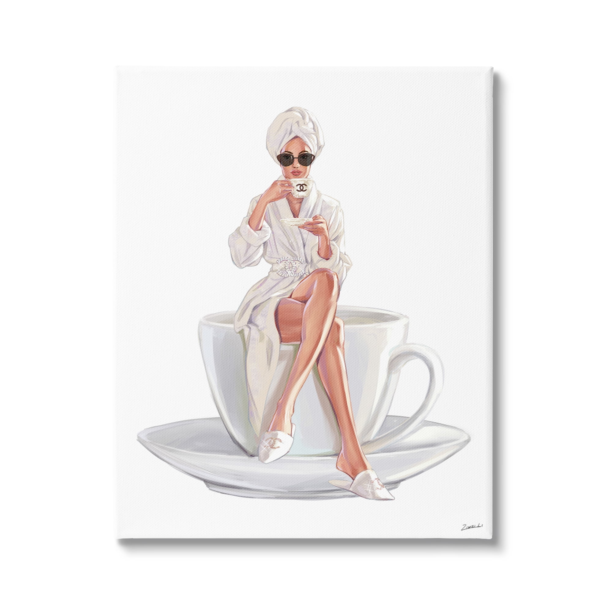 Stupell Industries Chic Woman Robe Coffee Cup Designer Logo Sunglasses Canvas Wall Art, 36 x 48, Design by Ziwei Li