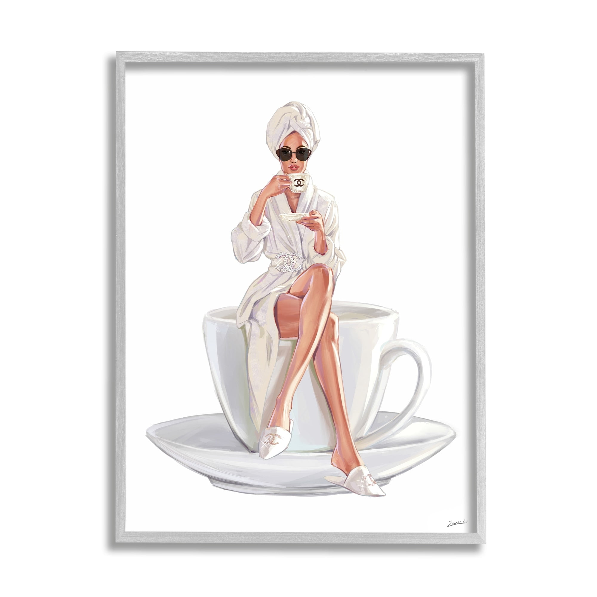 Stupell Industries Chic Woman Robe Coffee Cup Designer Logo Sunglasses Framed Wall Art, 24 x 30, Design by Ziwei Li