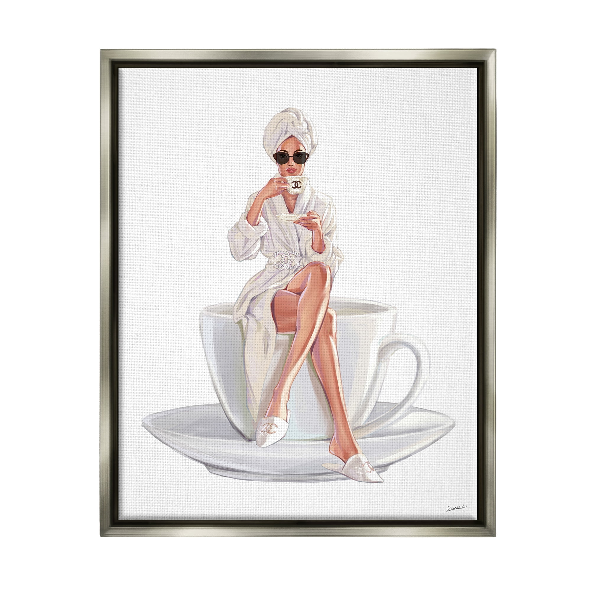 Stupell Industries Chic Woman Robe Coffee Cup Designer Logo Sunglasses Luster Gray Framed Floating Canvas Wall Art, 16x20, by Ziwei Li