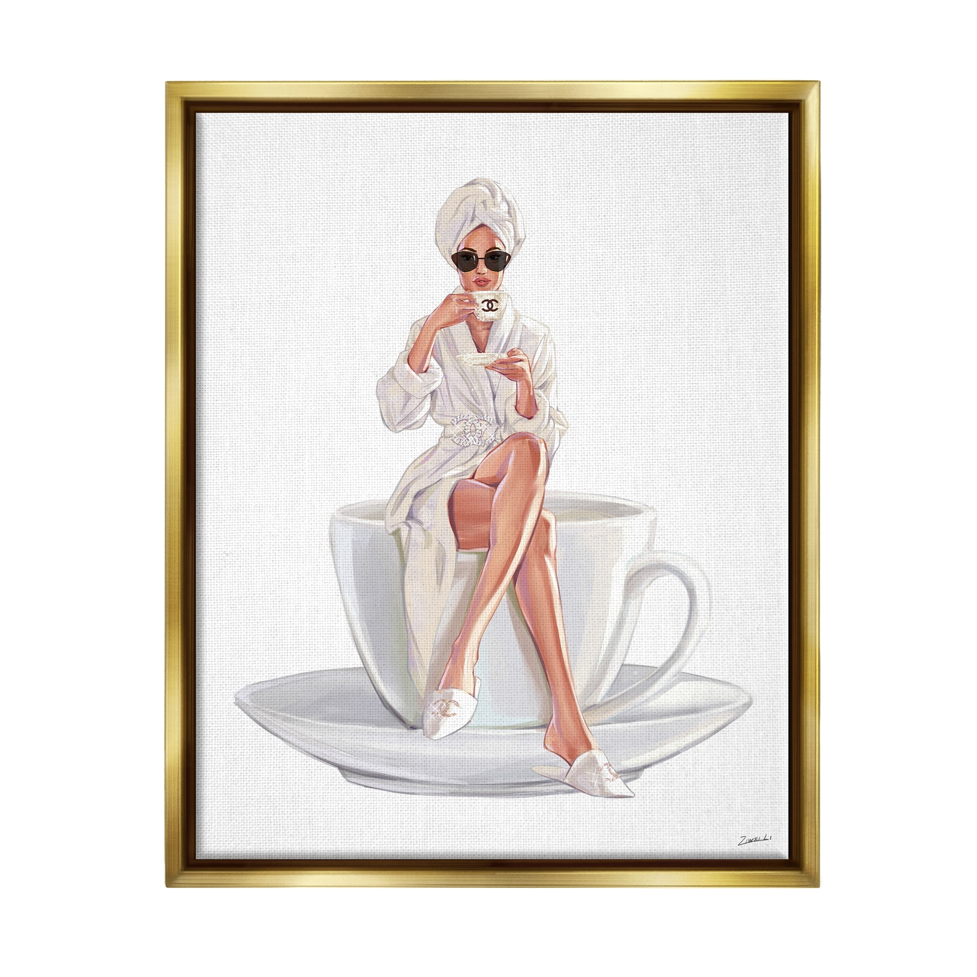 Stupell Industries Chic Woman Robe Coffee Cup Designer Logo Sunglasses Metallic Gold Framed Floating Canvas Wall Art, 16x20, by Ziwei Li