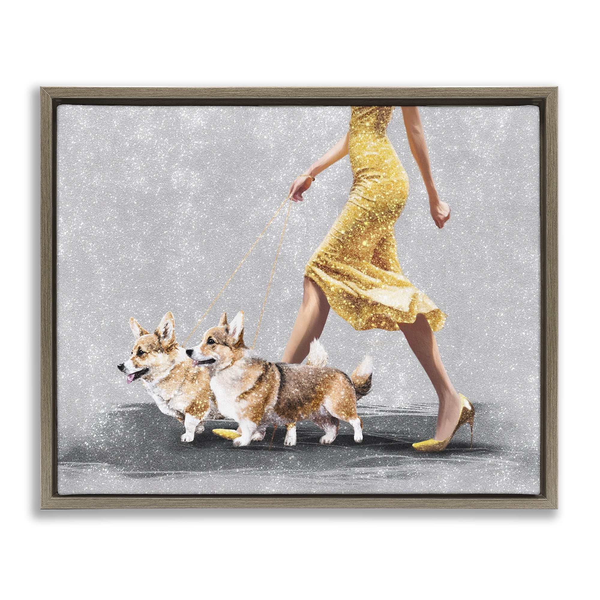 Stupell Industries Chic Woman with Corgis People Painting Brown Floater Framed Canvas Art Print Wall Art, 31 x 25