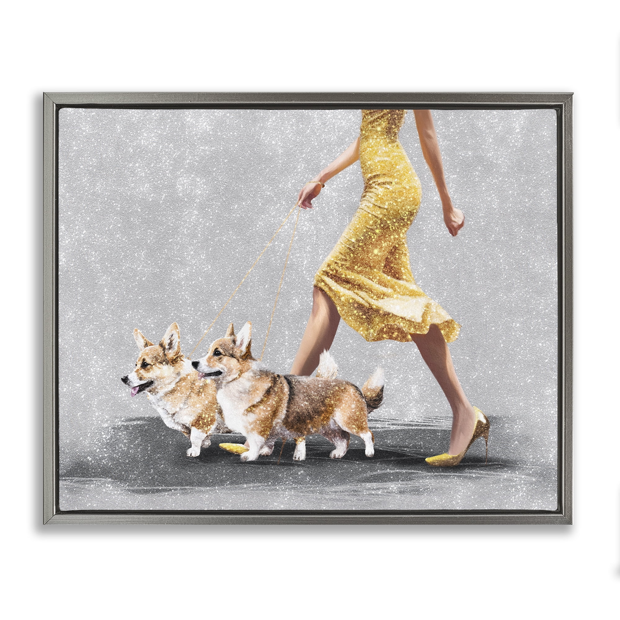 Stupell Industries Chic Woman with Corgis People Painting Gray Floater Framed Canvas Art Print Wall Art, 31 x 25