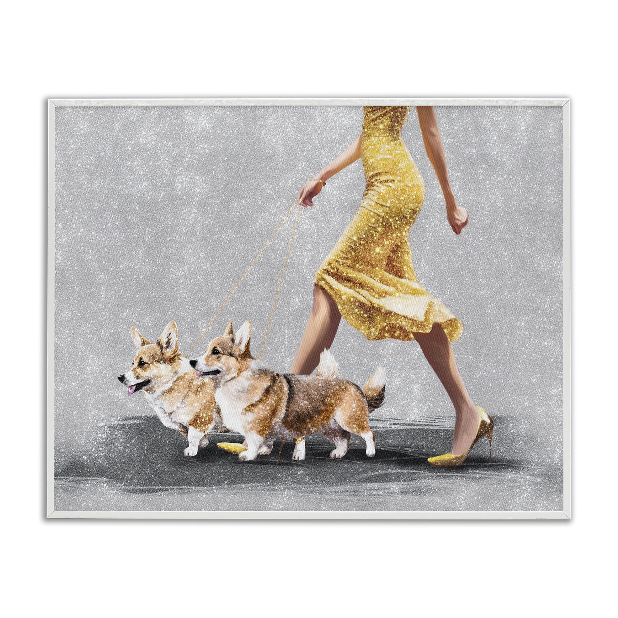 Stupell Industries Chic Woman with Corgis People Painting White Framed Art Print Wall Art, 20 x 16