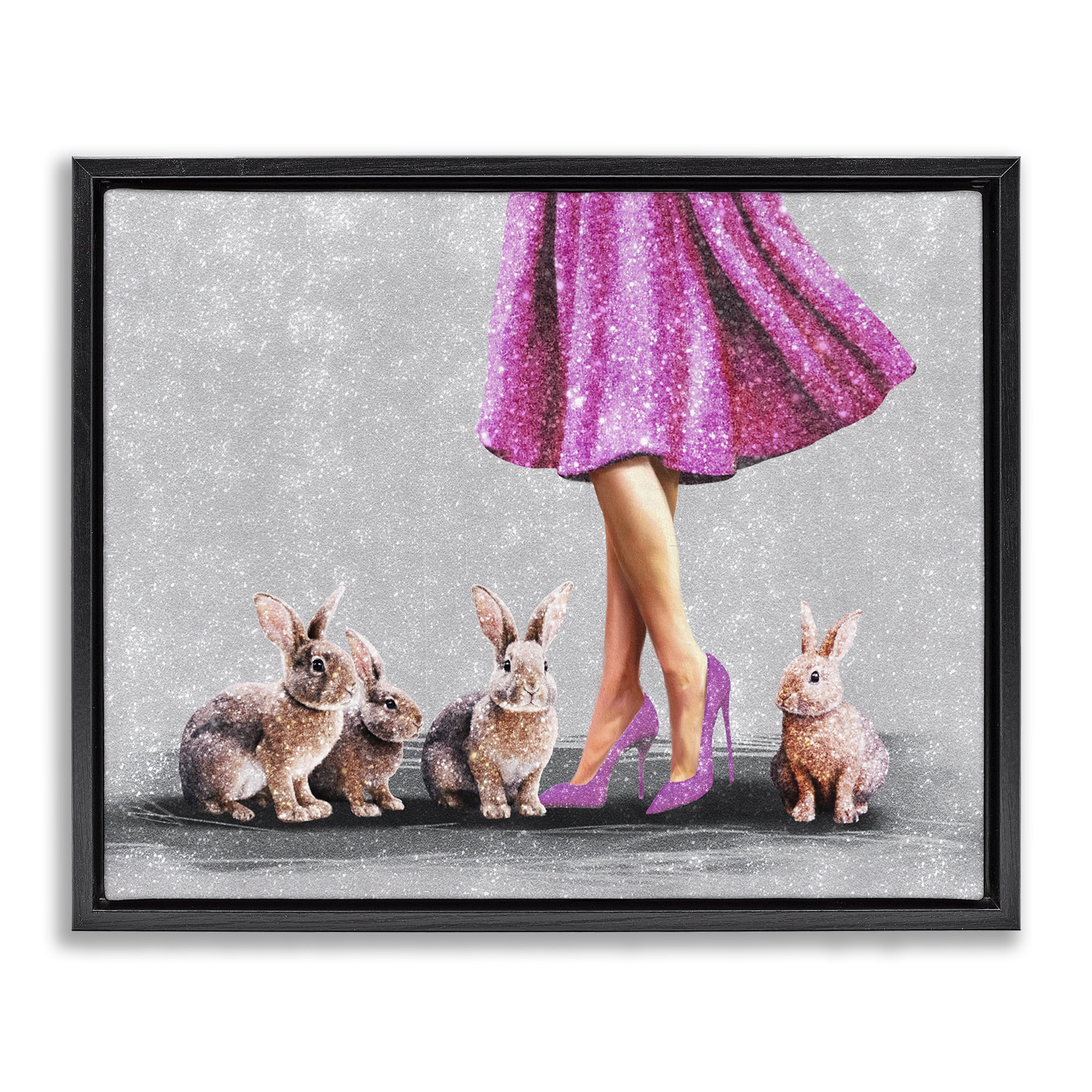 Stupell Industries Chic Woman with Rabbits People Painting Black Floater Framed Canvas Art Print Wall Art, 21 x 17