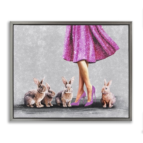 Stupell Industries Chic Woman with Rabbits People Painting Gray Floater Framed Canvas Art Print Wall Art, 31 x 25