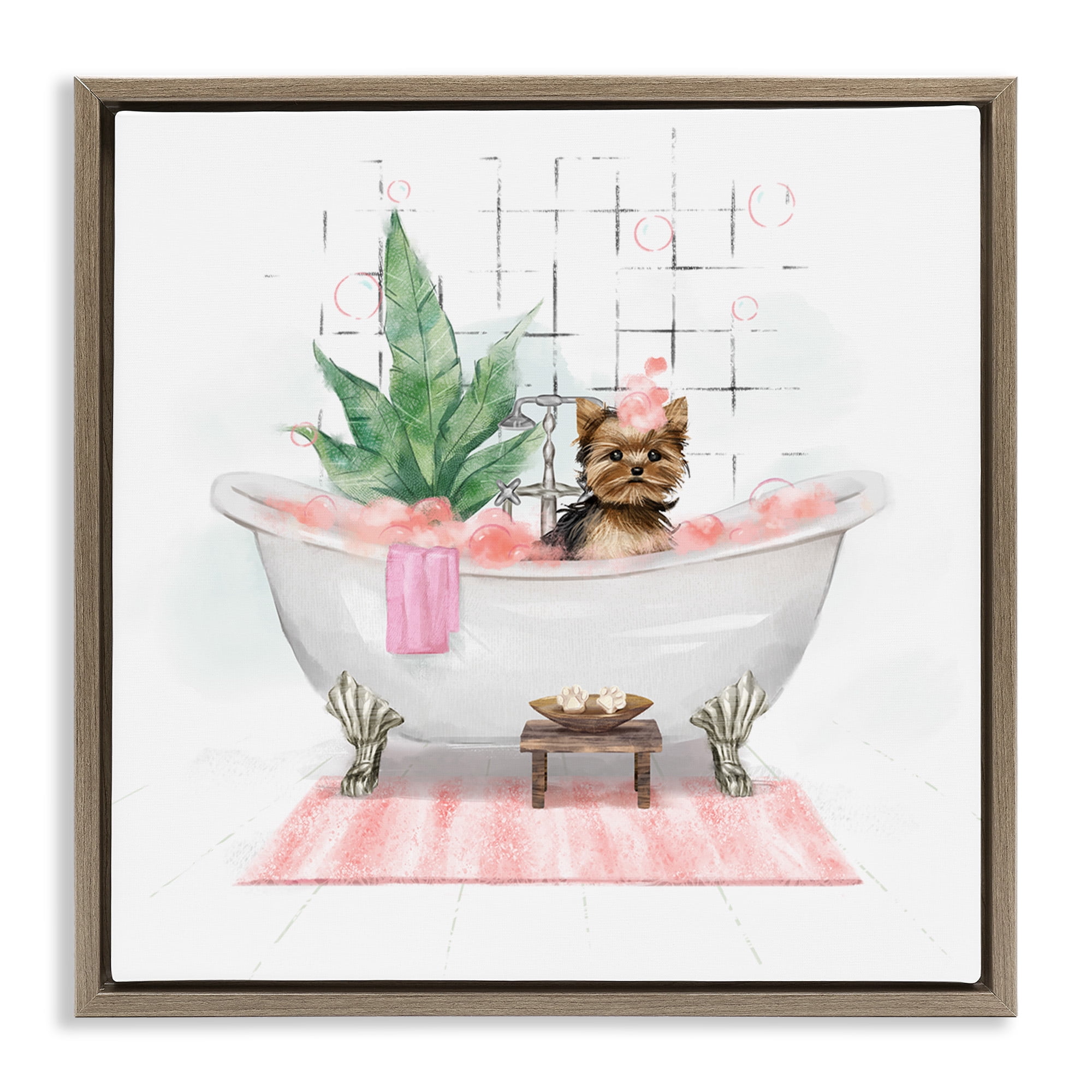 Stupell Industries Chic Yorkie Dog in Bubble Bath Animals & Insects Painting Brown Floater Framed Canvas Art Print Wall Art, 25 x 25