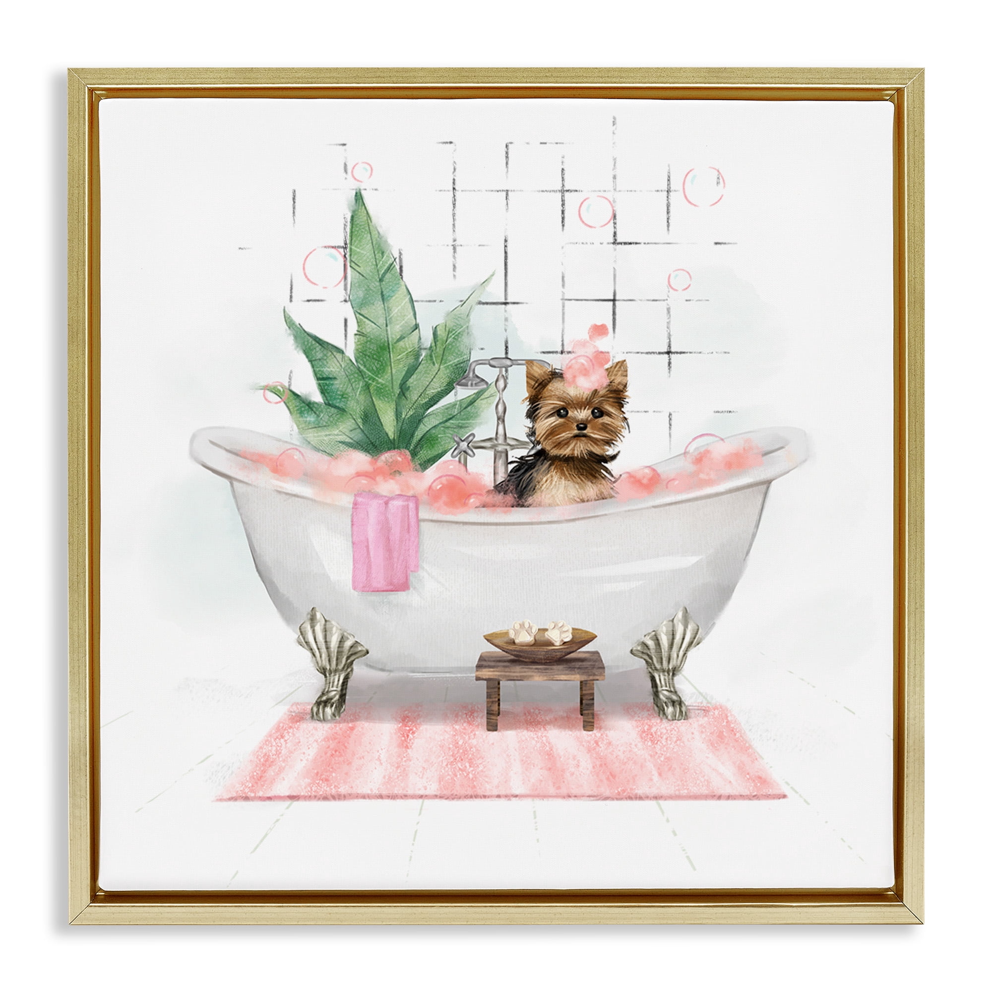 Stupell Industries Chic Yorkie Dog in Bubble Bath Animals & Insects Painting Gold Floater Framed Canvas Art Print Wall Art, 25 x 25