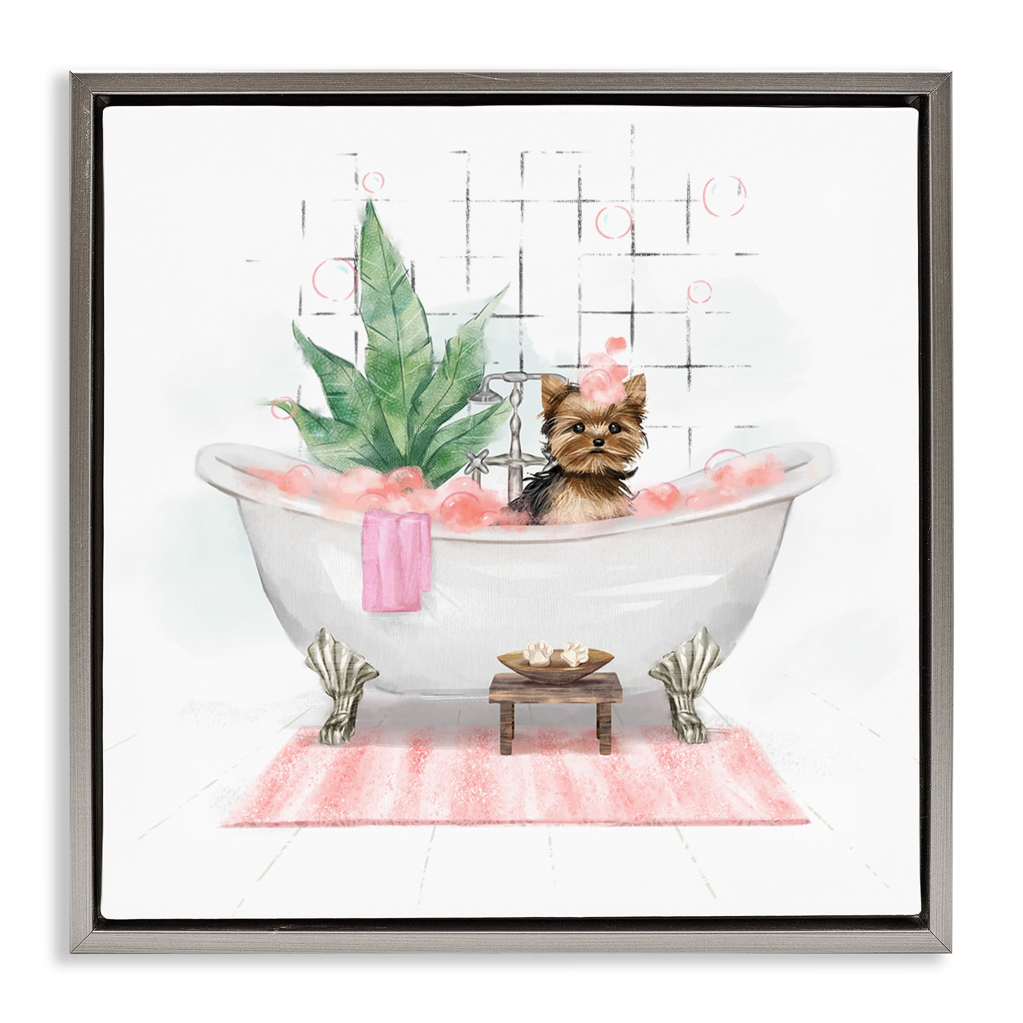 Stupell Industries Chic Yorkie Dog in Bubble Bath Animals & Insects Painting Gray Floater Framed Canvas Art Print Wall Art, 25 x 25