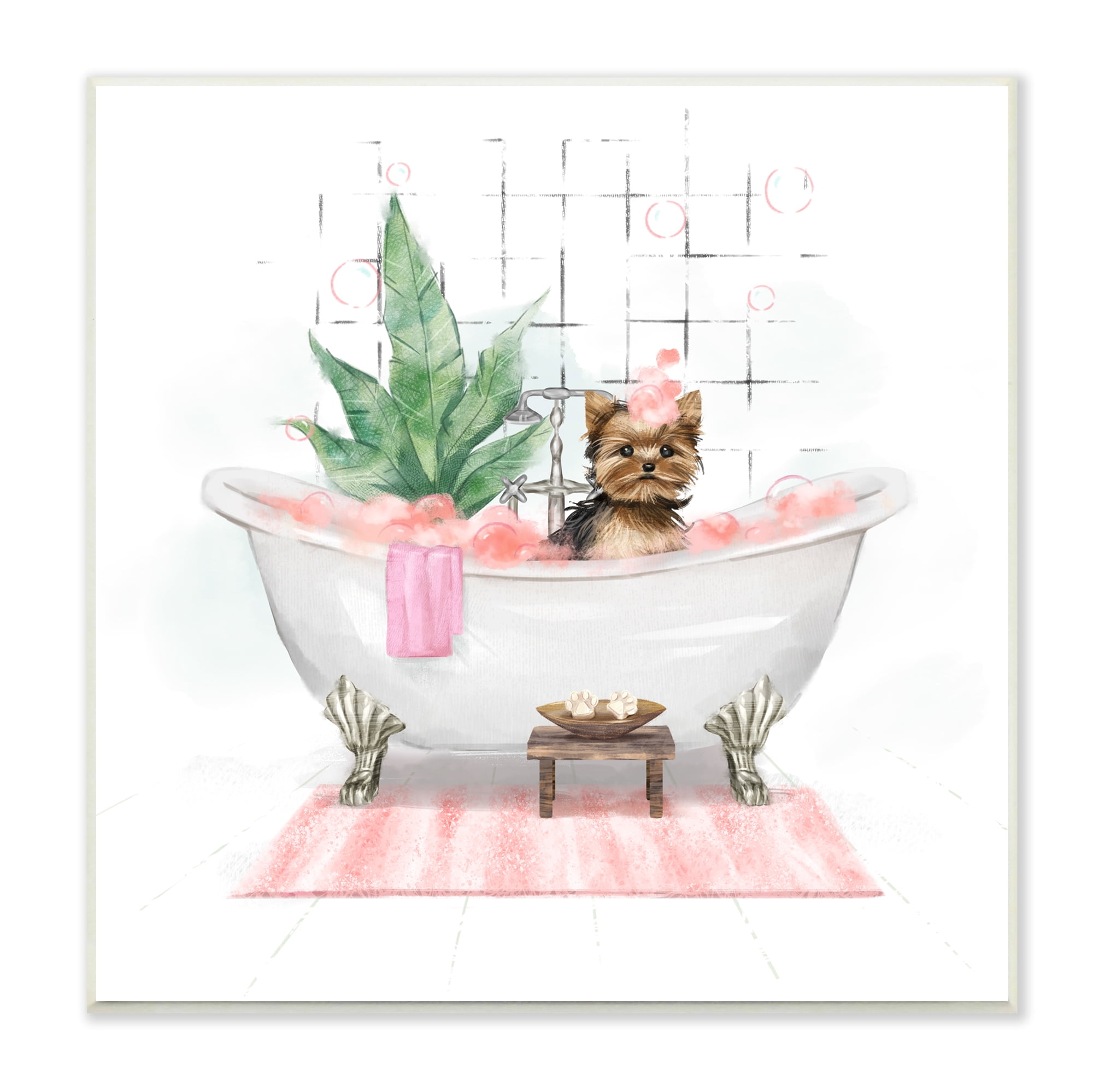Stupell Industries Chic Yorkie Dog in Pink Bubble Bath Animals & Insects Painting Unframed Art Print Wall Art, 12 x 12