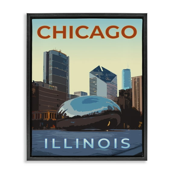 Stupell Industries Chicago Bean Landmark Cityscapes Painting Black Floater Framed Canvas Art Print Wall Art, 17 x 21