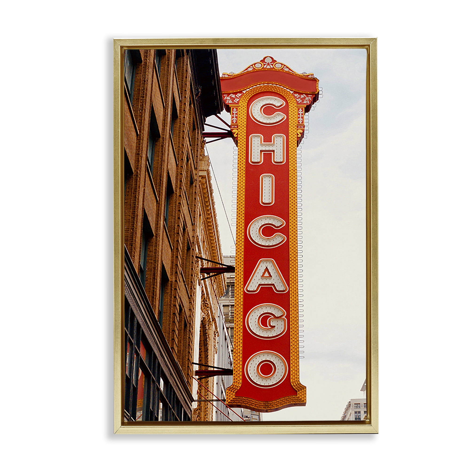 Stupell Industries Chicago City Sign Cities & Countries Photography Gold Floater Framed Canvas Art Print Wall Art, 21 x 31