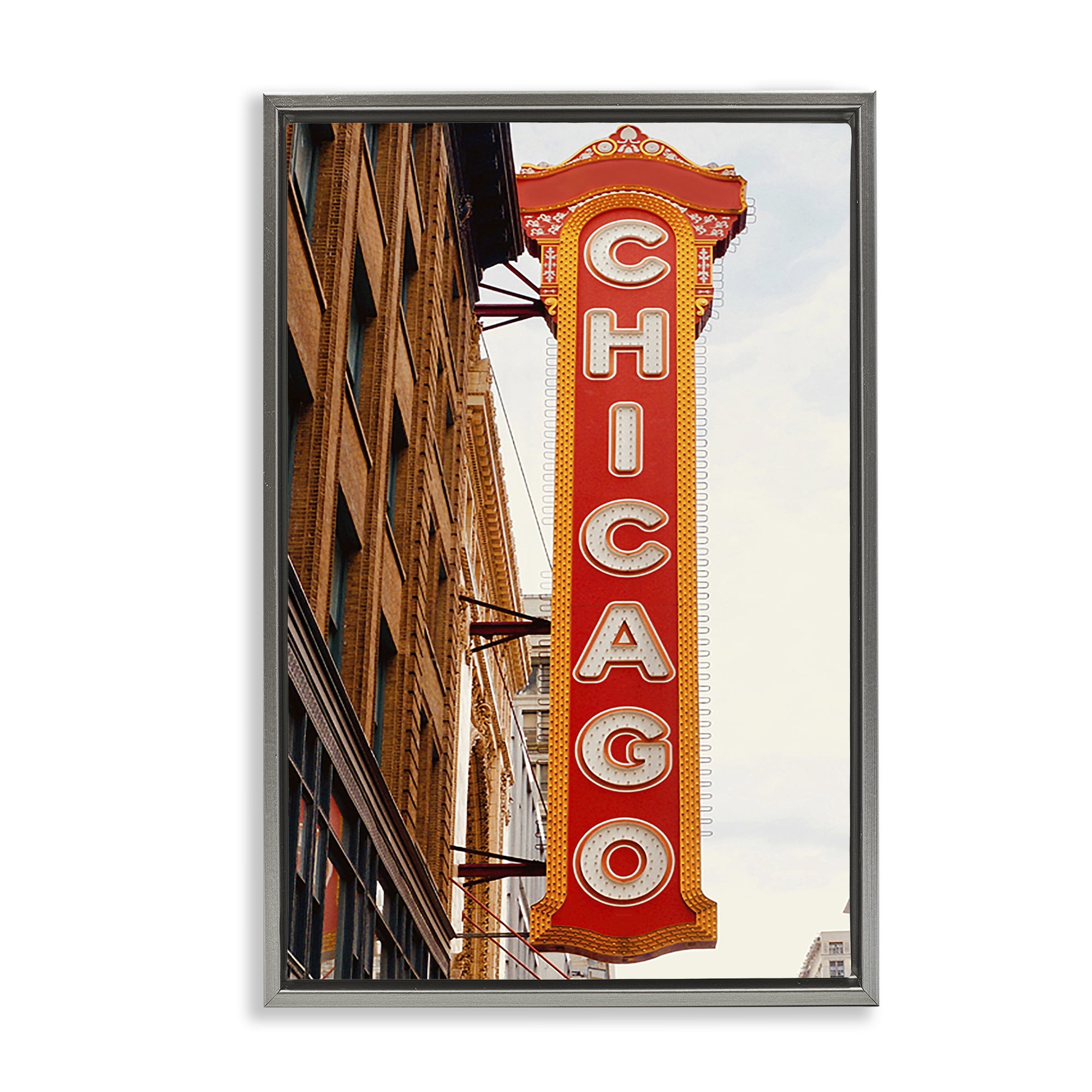 Stupell Industries Chicago City Sign Cities & Countries Photography Gray Floater Framed Canvas Art Print Wall Art, 21 x 31