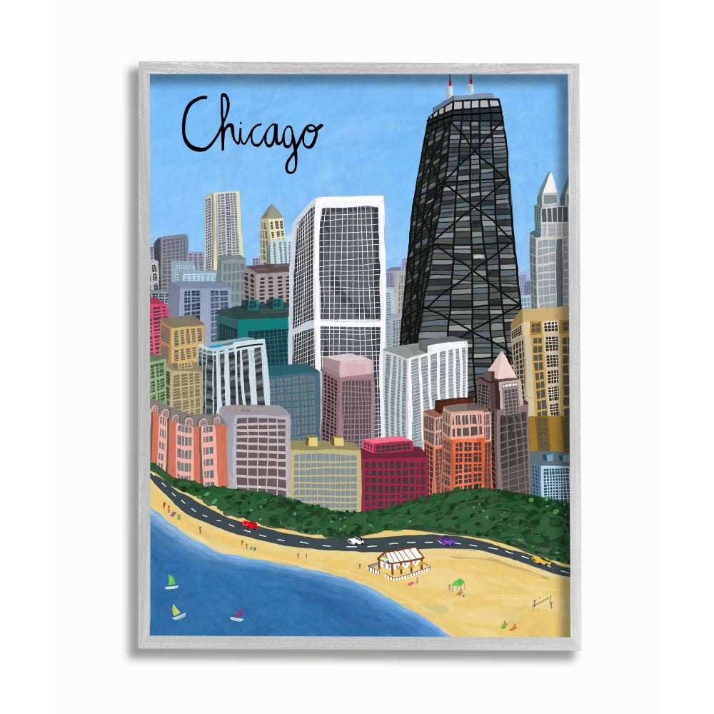 Stupell Industries Chicago Landmark Skyline Colorful Illinois Architecture Framed Wall Art Design by Carla Daly, 16" x 20", Gray Framed