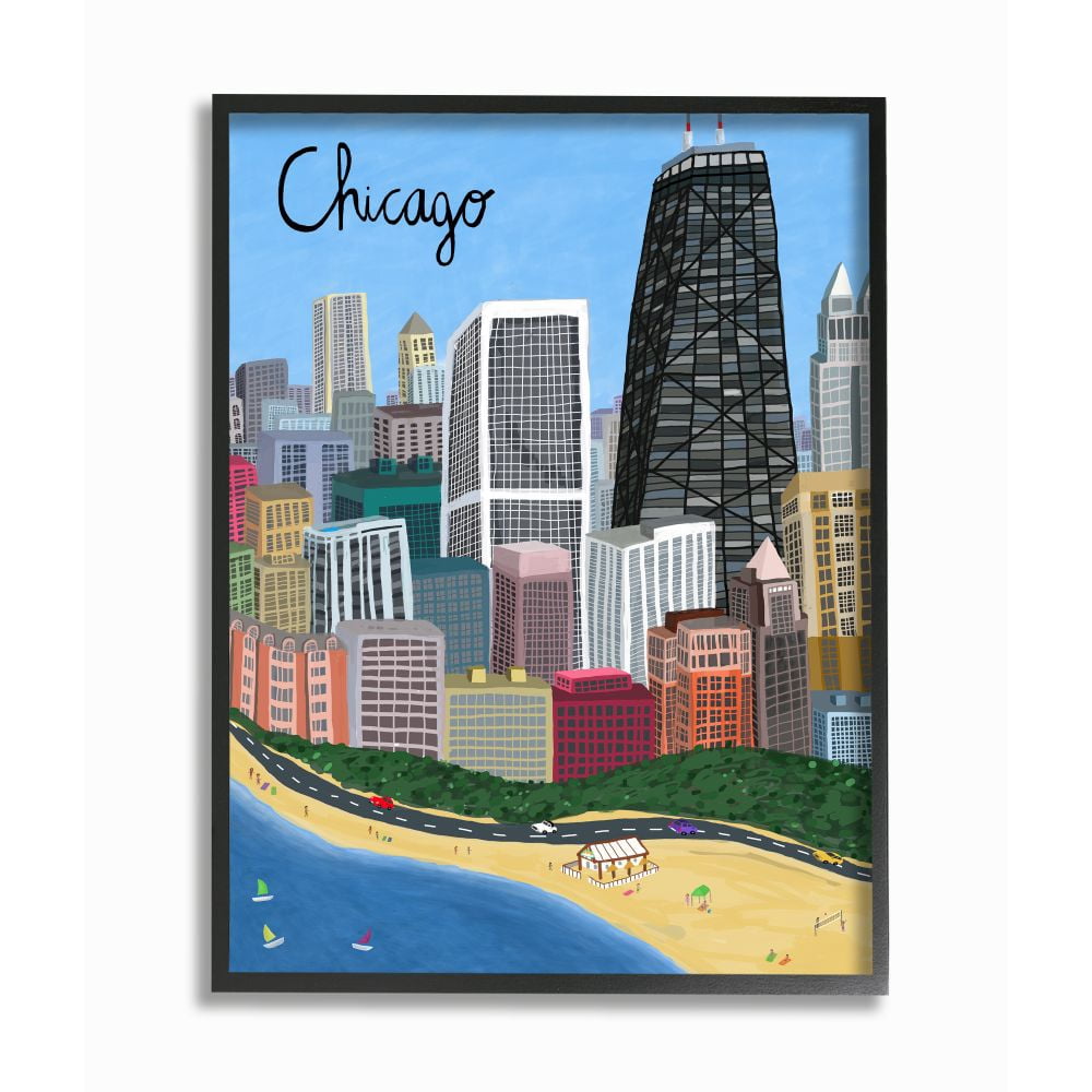 Stupell Industries Chicago Landmark Skyline Colorful Illinois Architecture Framed Wall Art Design by Carla Daly, 24" x 30", Black Framed