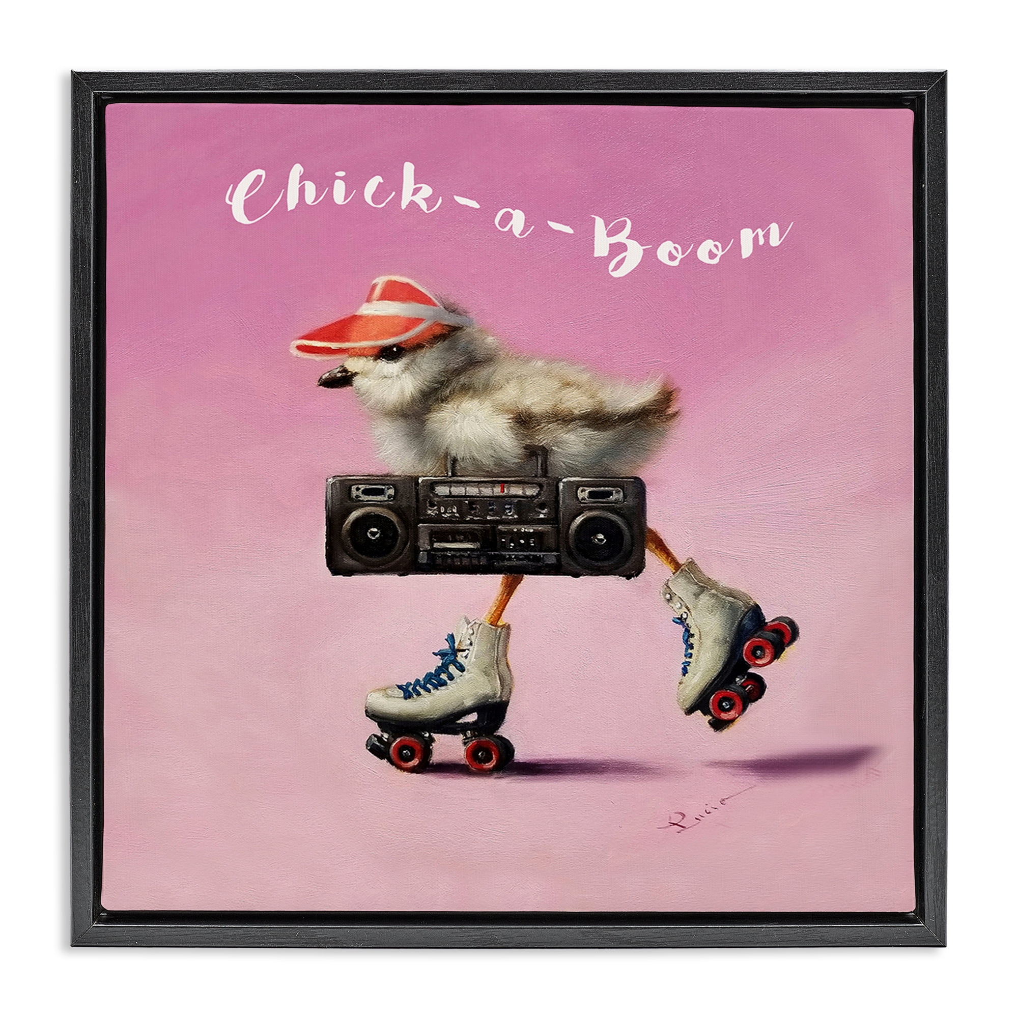 Stupell Industries Chick-A-Boom Boombox Bird Animals Painting Black Floater Framed Canvas Art Print Wall Art, 18 x 18
