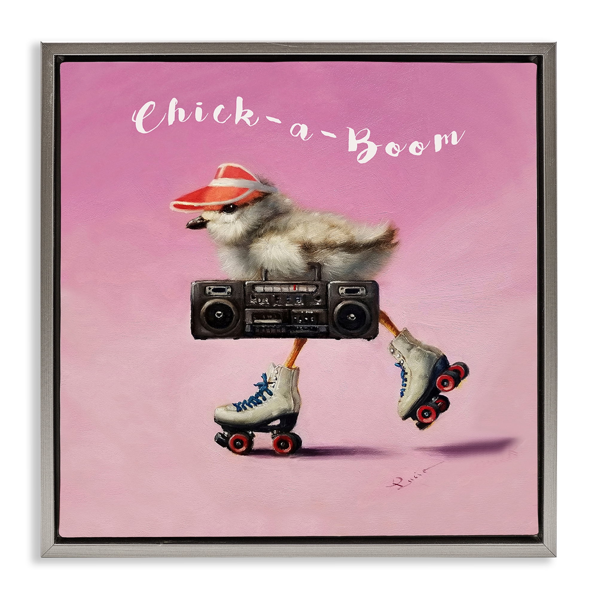 Stupell Industries Chick-A-Boom Boombox Bird Animals Painting Gray Floater Framed Canvas Art Print Wall Art, 25 x 25