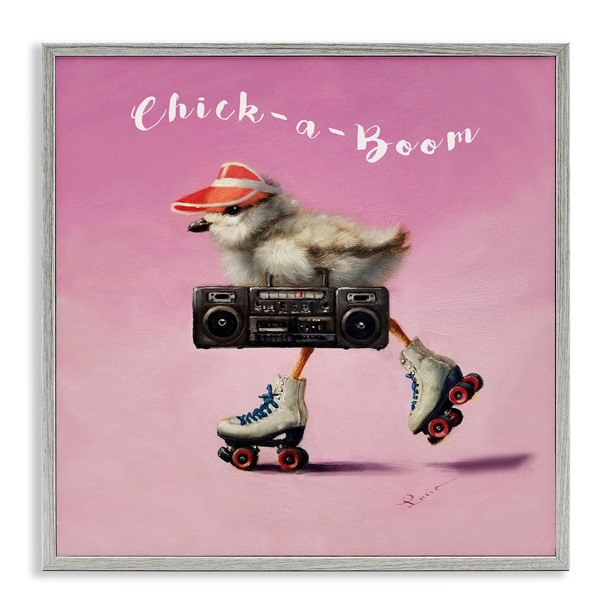 Stupell Industries Chick-A-Boom Boombox Bird Animals Painting Gray Framed Art Print Wall Art, 24 x 24
