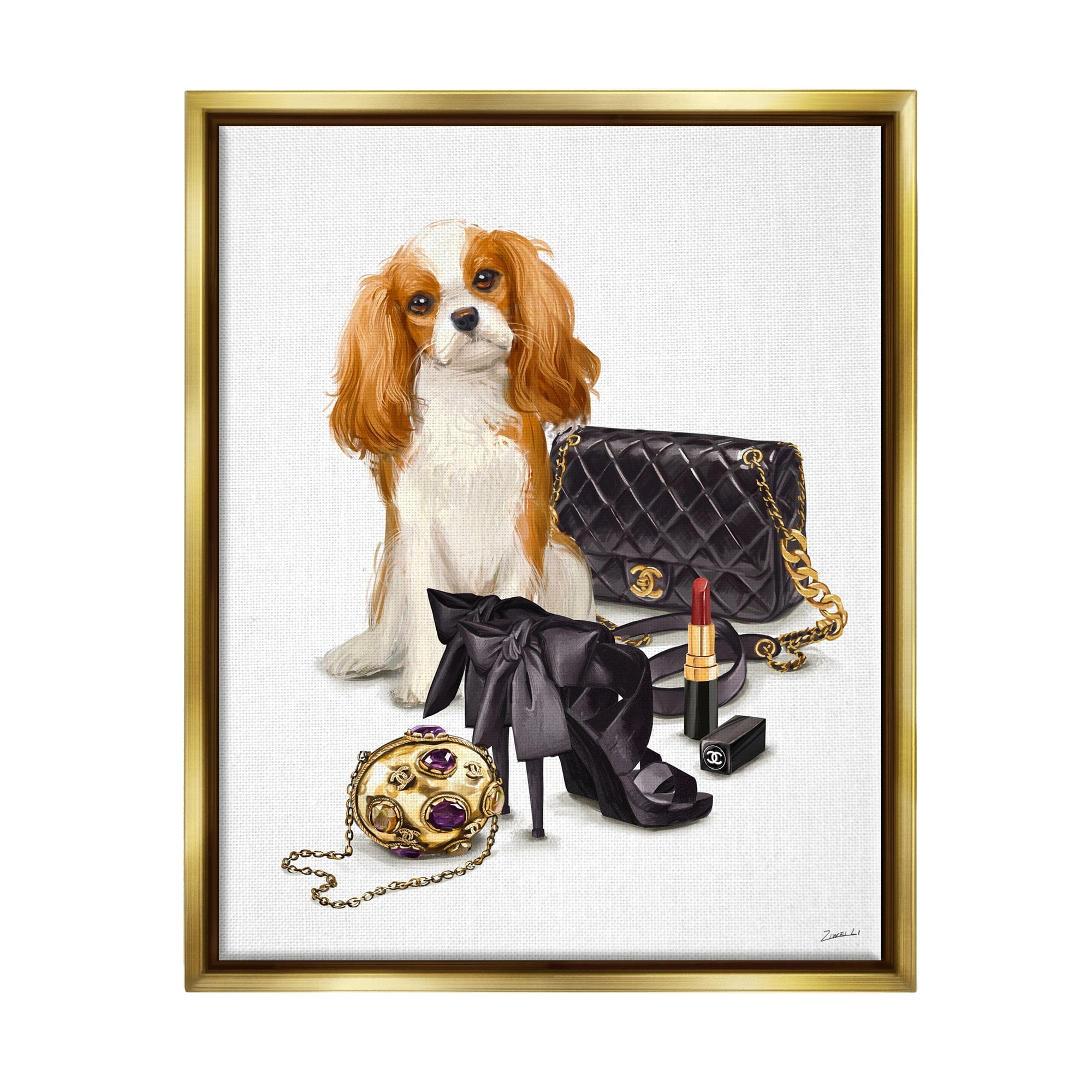 Stupell Industries Chick Black Fashion Accessories Stylish Glam Dog Metallic Gold Framed Floating Canvas Wall Art, 24x30, by Ziwei Li