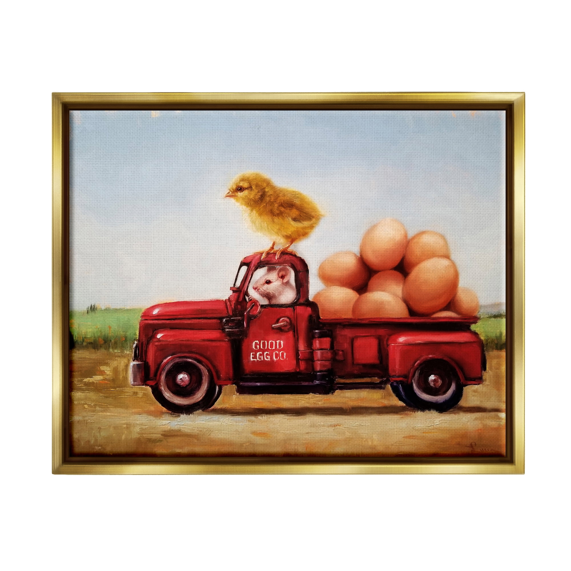 Stupell Industries Chick & Mouse Farm Egg Truck Animals & Insects Painting Gold Floater Framed Art Print Wall Art