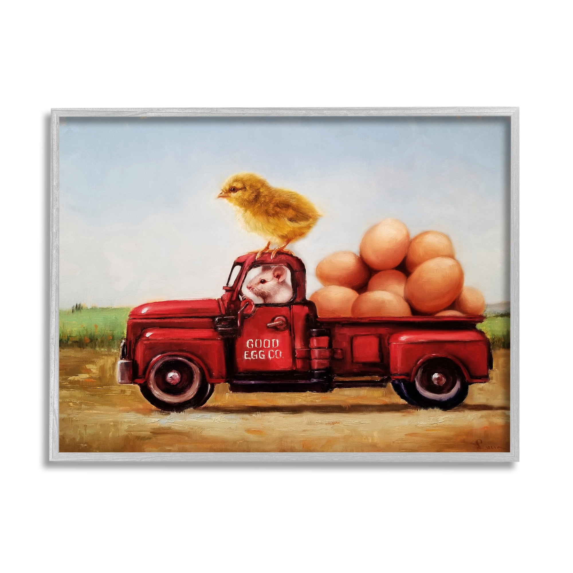 Stupell Industries Chick & Mouse Farm Egg Truck Animals & Insects Painting Gray Framed Art Print Wall Art